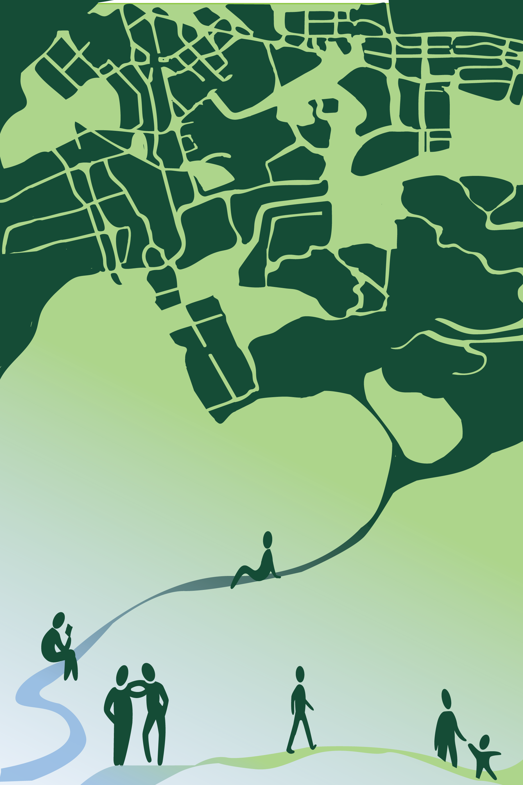 Cover art for Civica article, featuring abstract art of people walking and sitting along winding paths, with an abstracted city map layout above them.