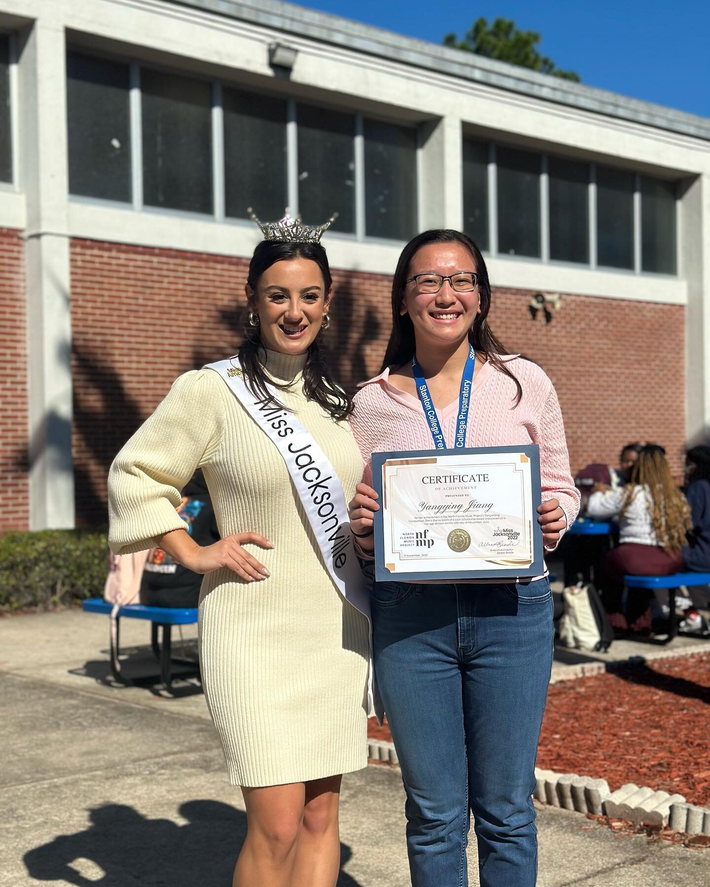 Today, Senior Amanda Jiang received the North Florida Music Project's Songwriting Award from Miss Jacksonville Allison Reade. #devilsadvocate39