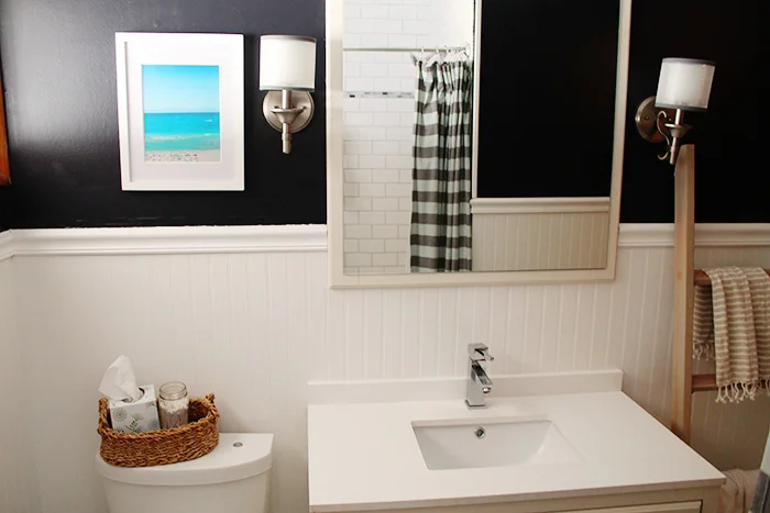 white and navy bathroom