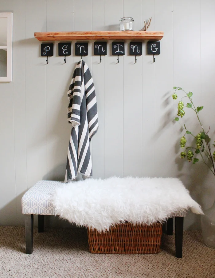 entryway bench with chalkboard hooks
