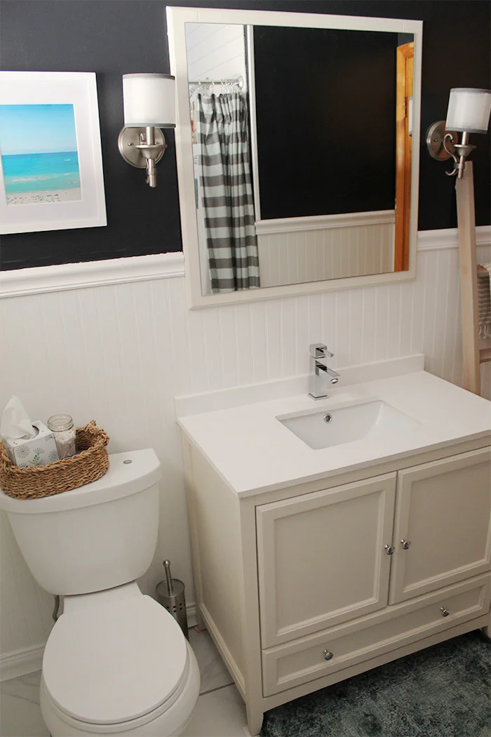 modern white and navy bathroom