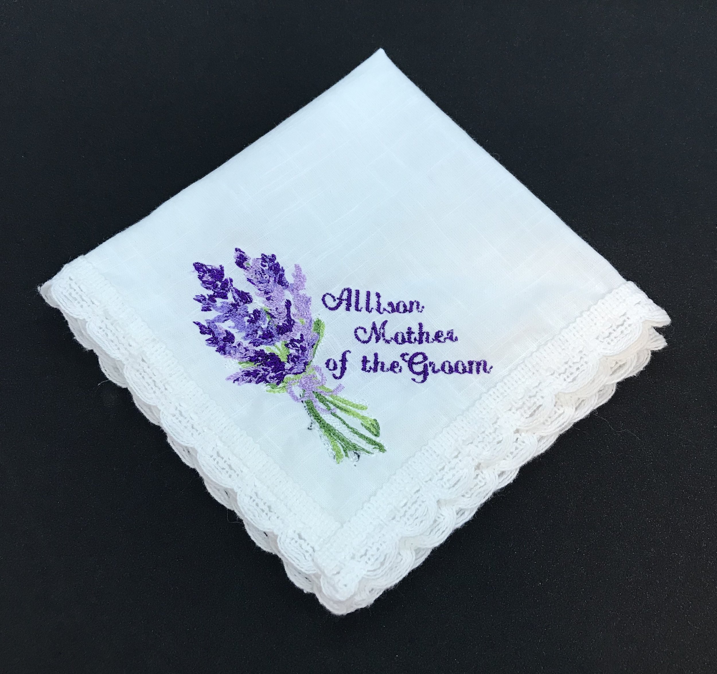 Mother of the Groom Custom Embroidered Lavender Lace Handkerchief