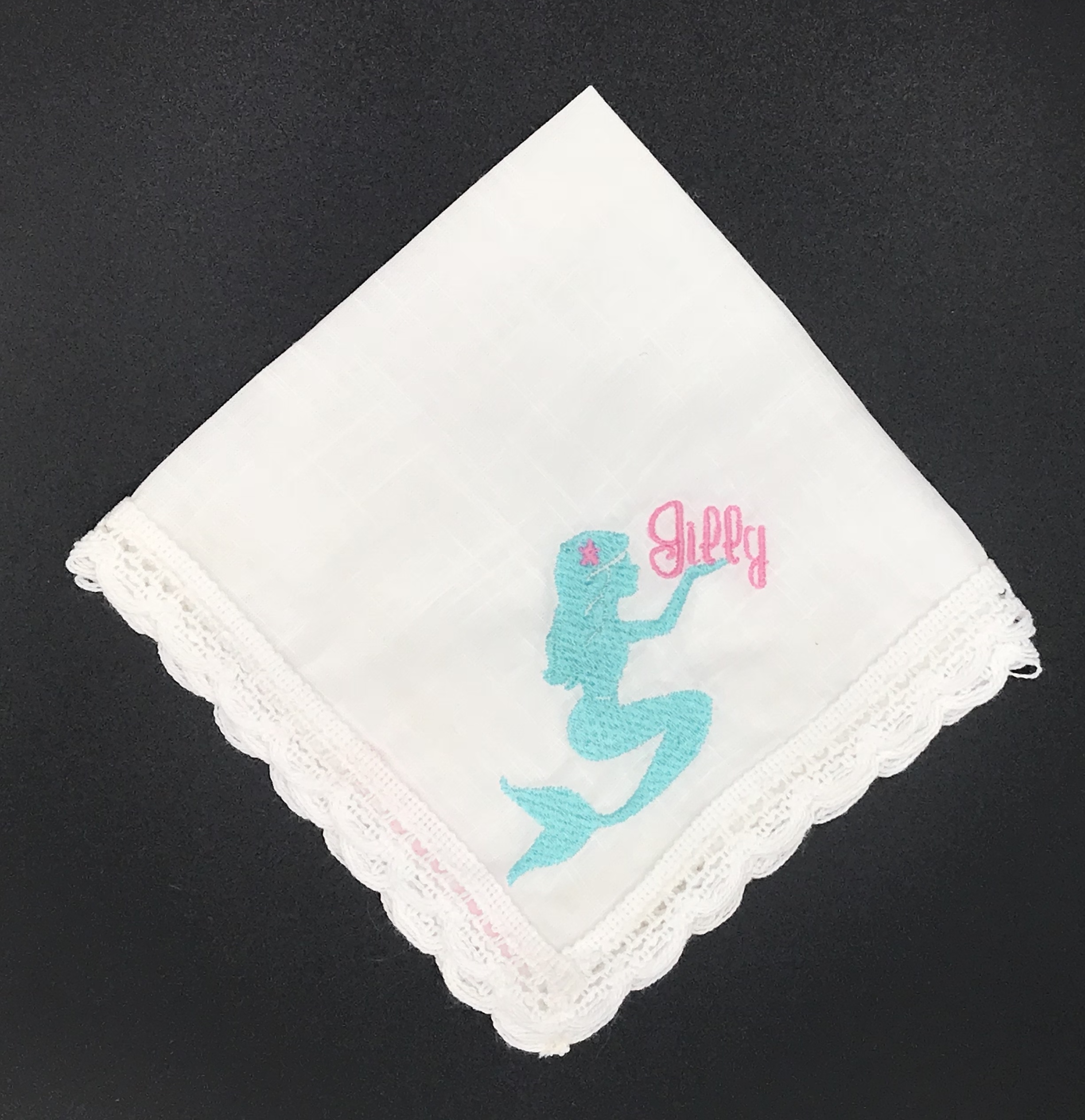 Custom Embroidered Mermaid Monogram Crochet Lace Handkerchief