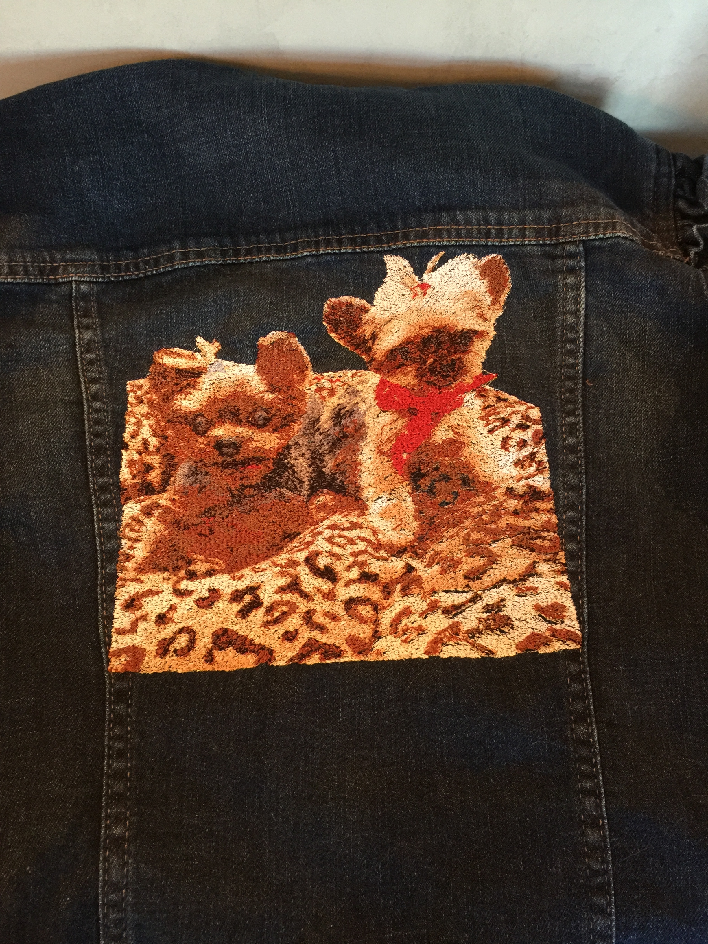 Custom Photo Embroidered Yorkies on Denim Jacket