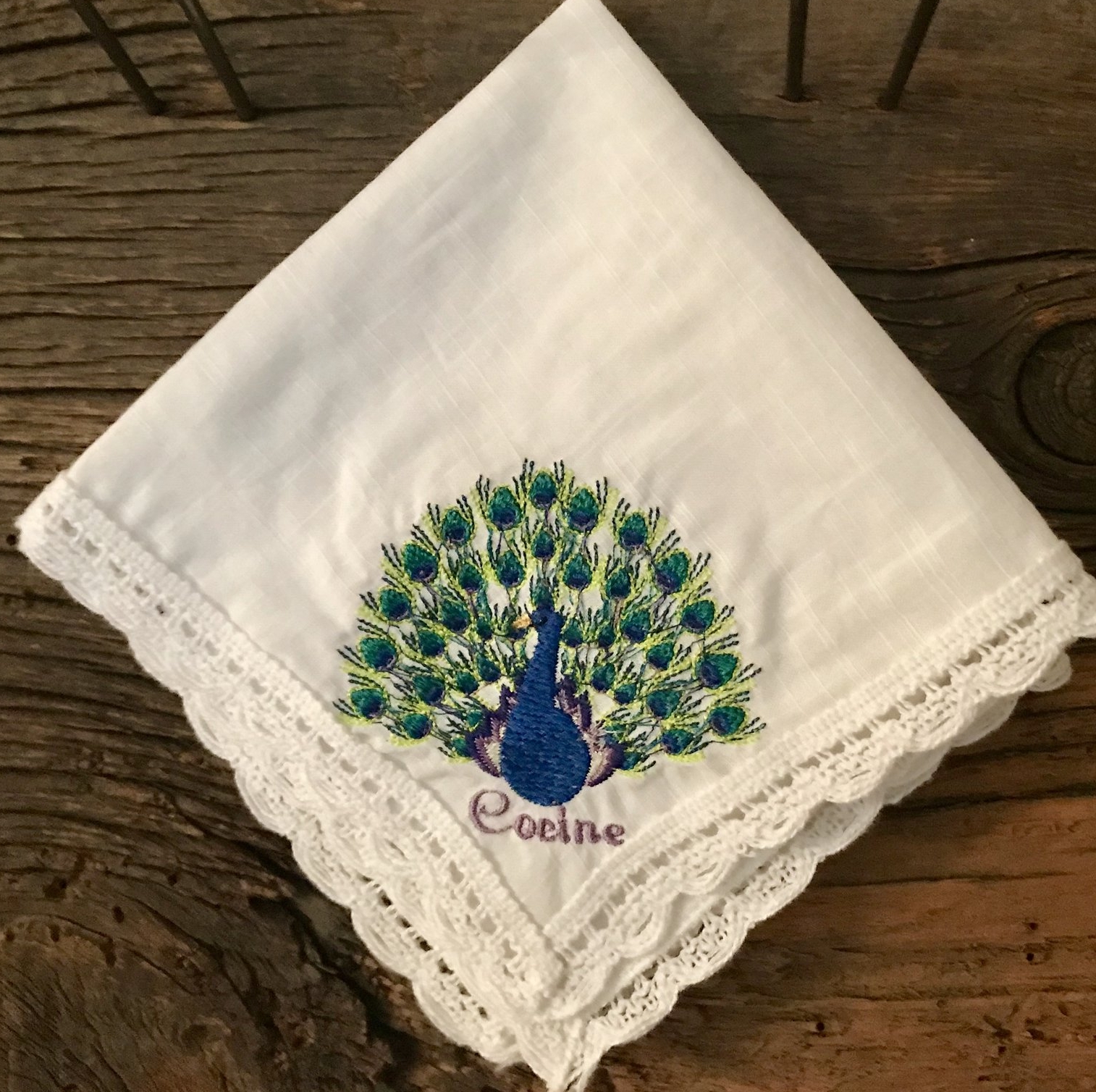 Peacock Custom Embroidered Handkerchief