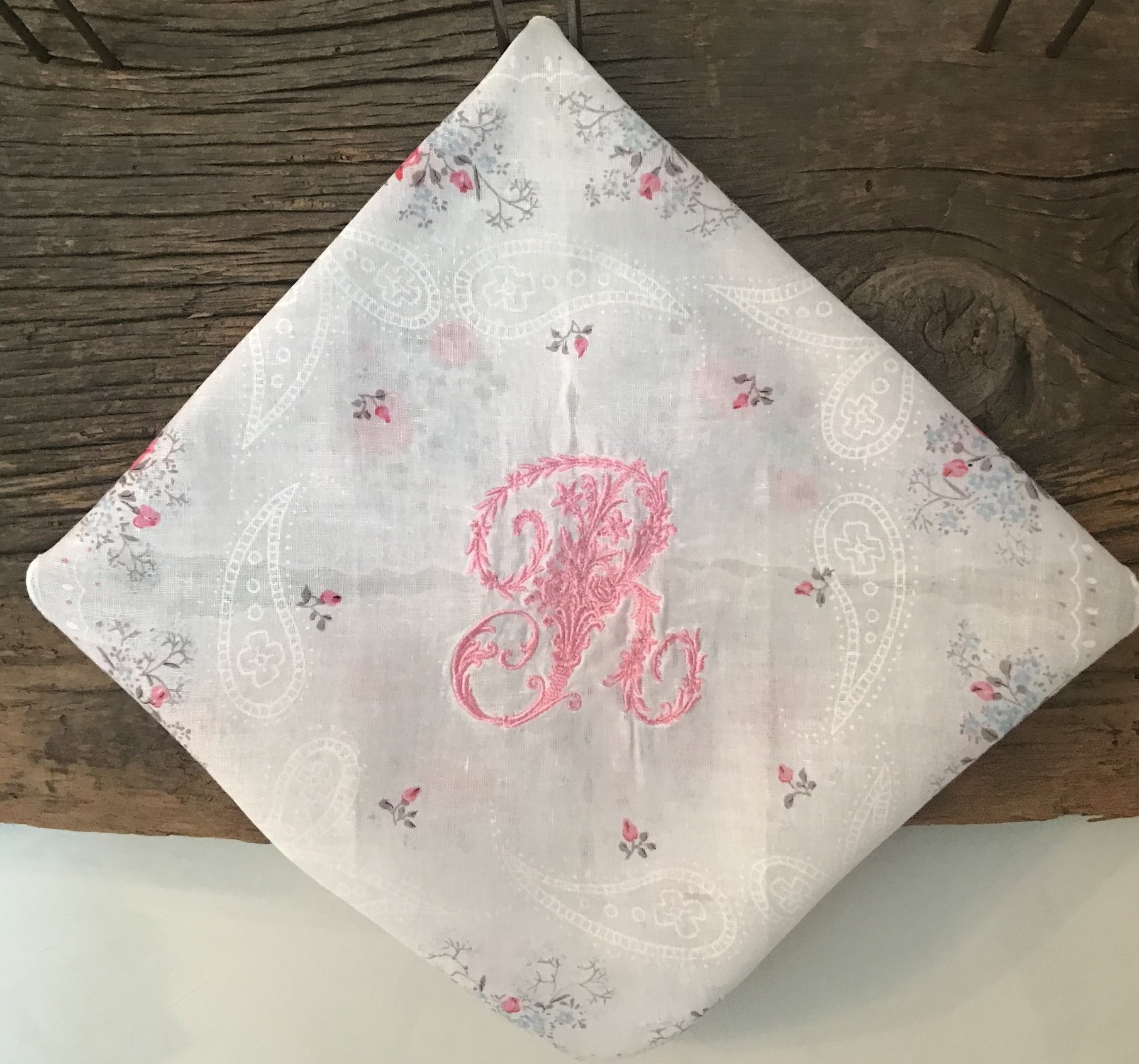 Vintage Handkerchief with Victorian Rose Letter R Monogram