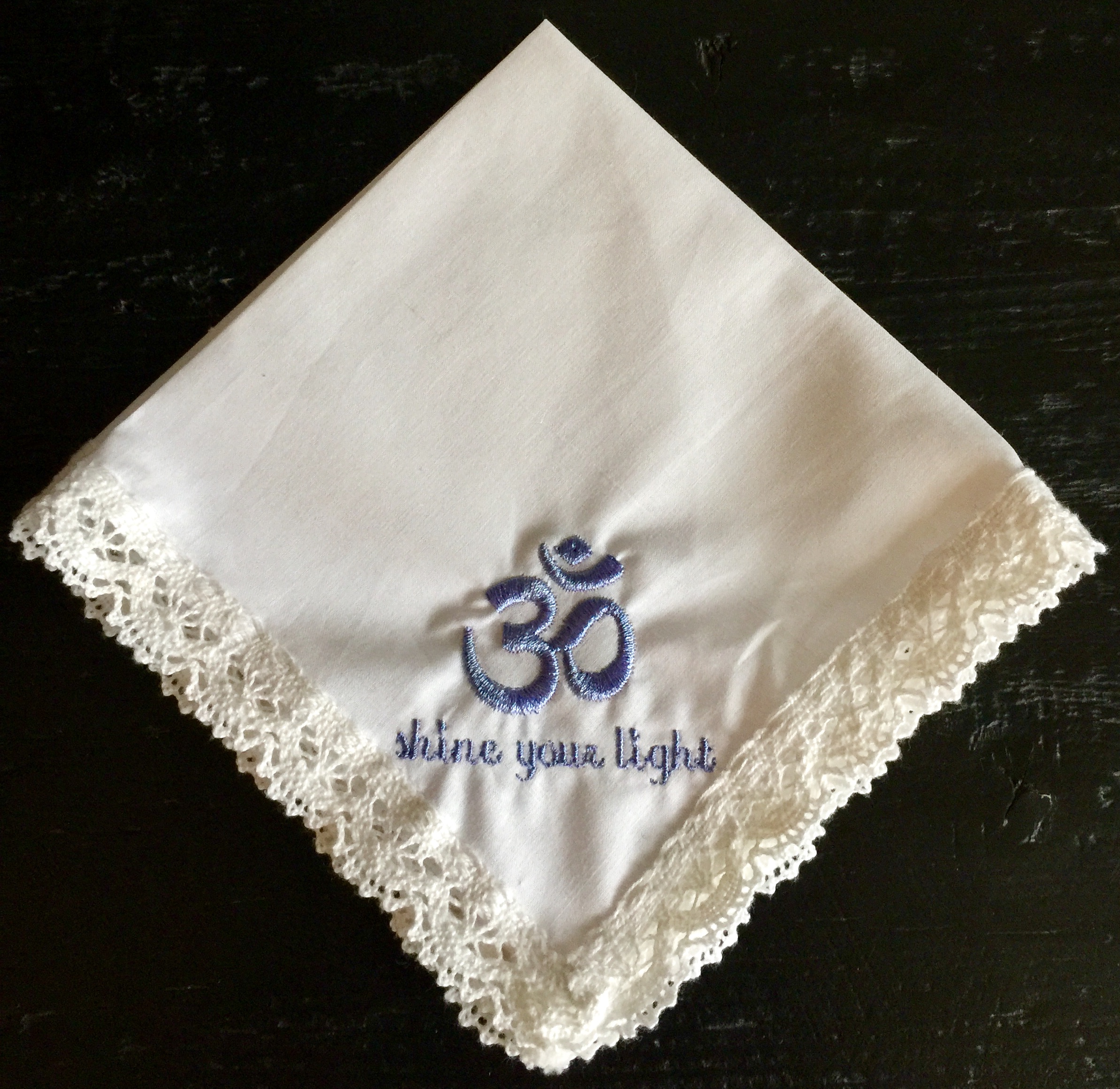 Shine Your Light Inspirational OM Embroidered Lace Handkerchief