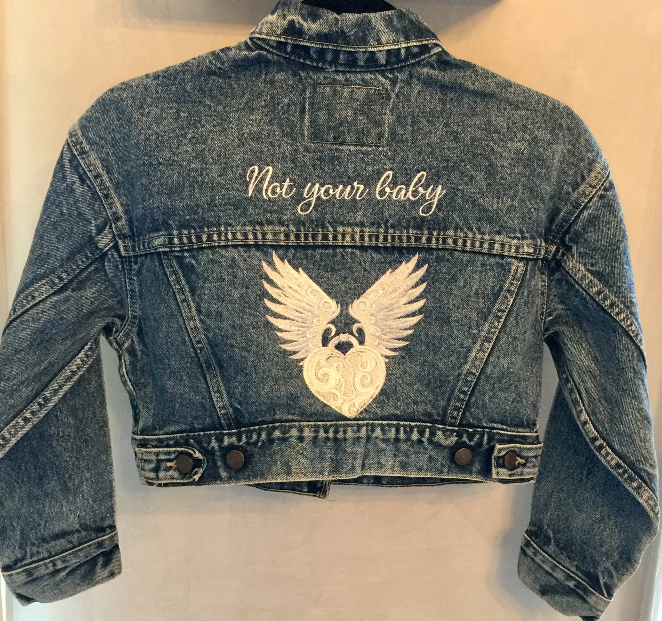 Not Your Baby Angel Wing Heart Locket Levi Denim Jacket