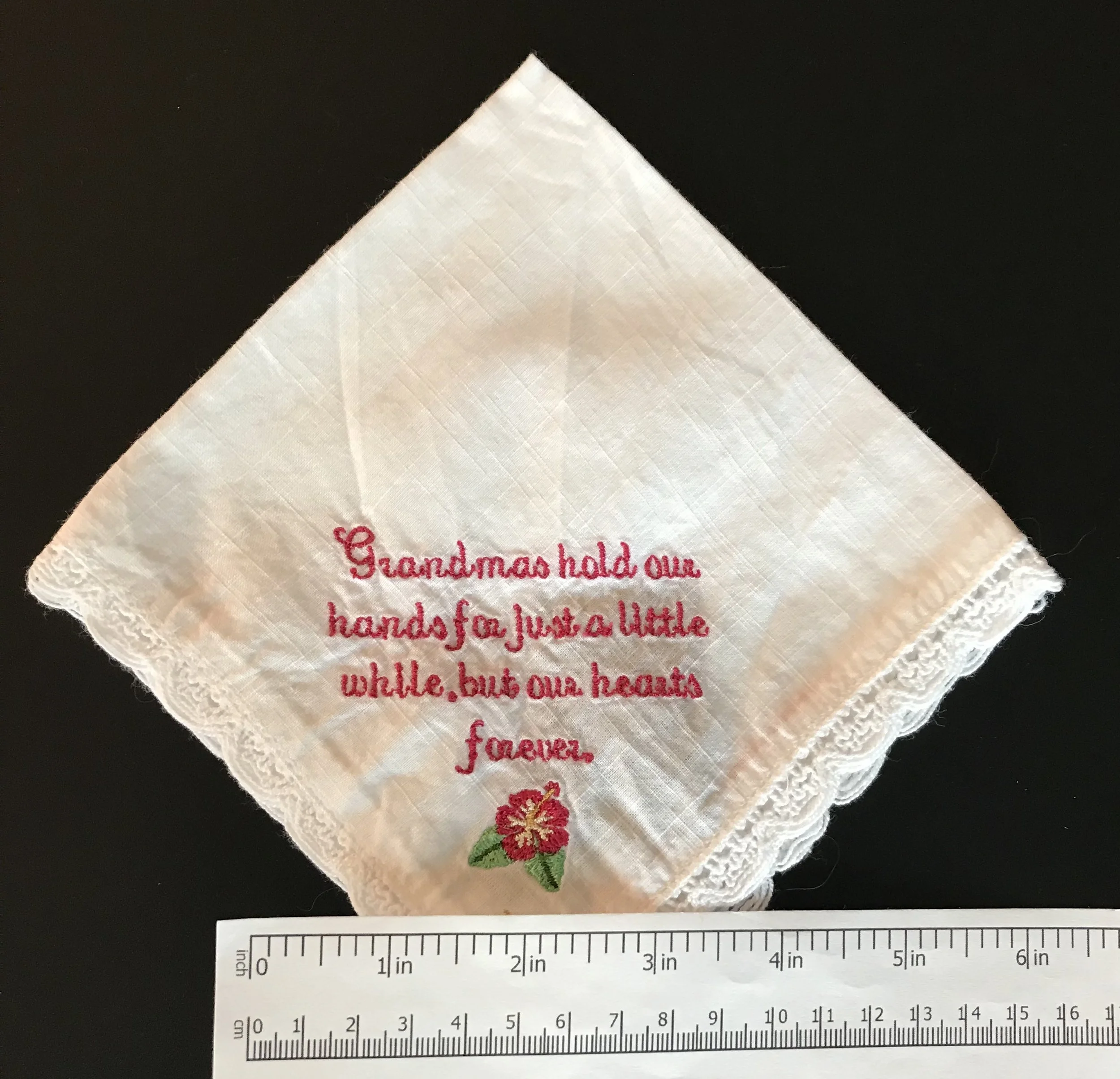 "Grandmas hold our hands..." Custom Embroidered Handkerchief — Sew