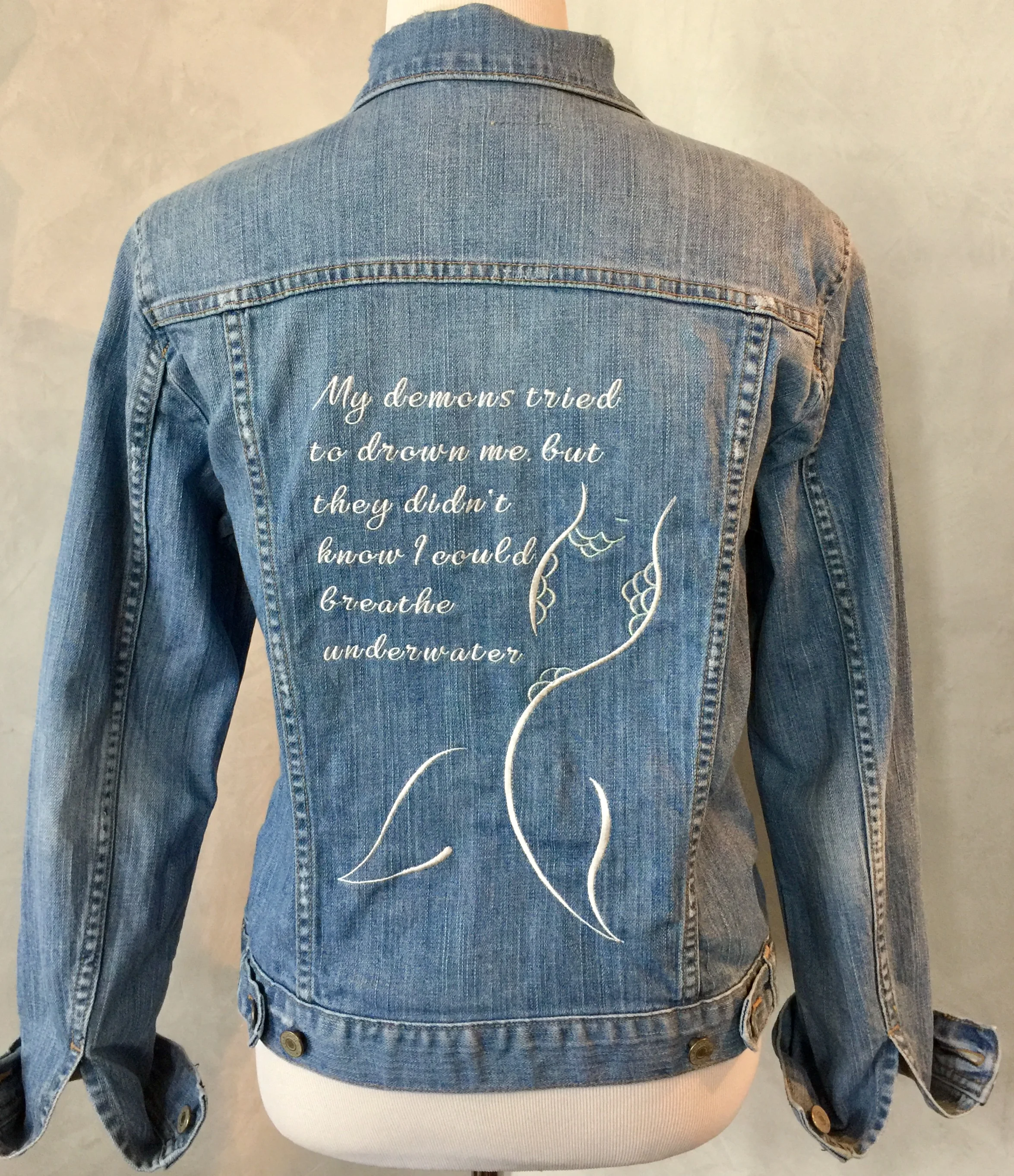 %22My demons tried to drown me, but they didn't know I could breathe underwater%22 Mermaid Tail Embroidered Denim Jacket.jpg