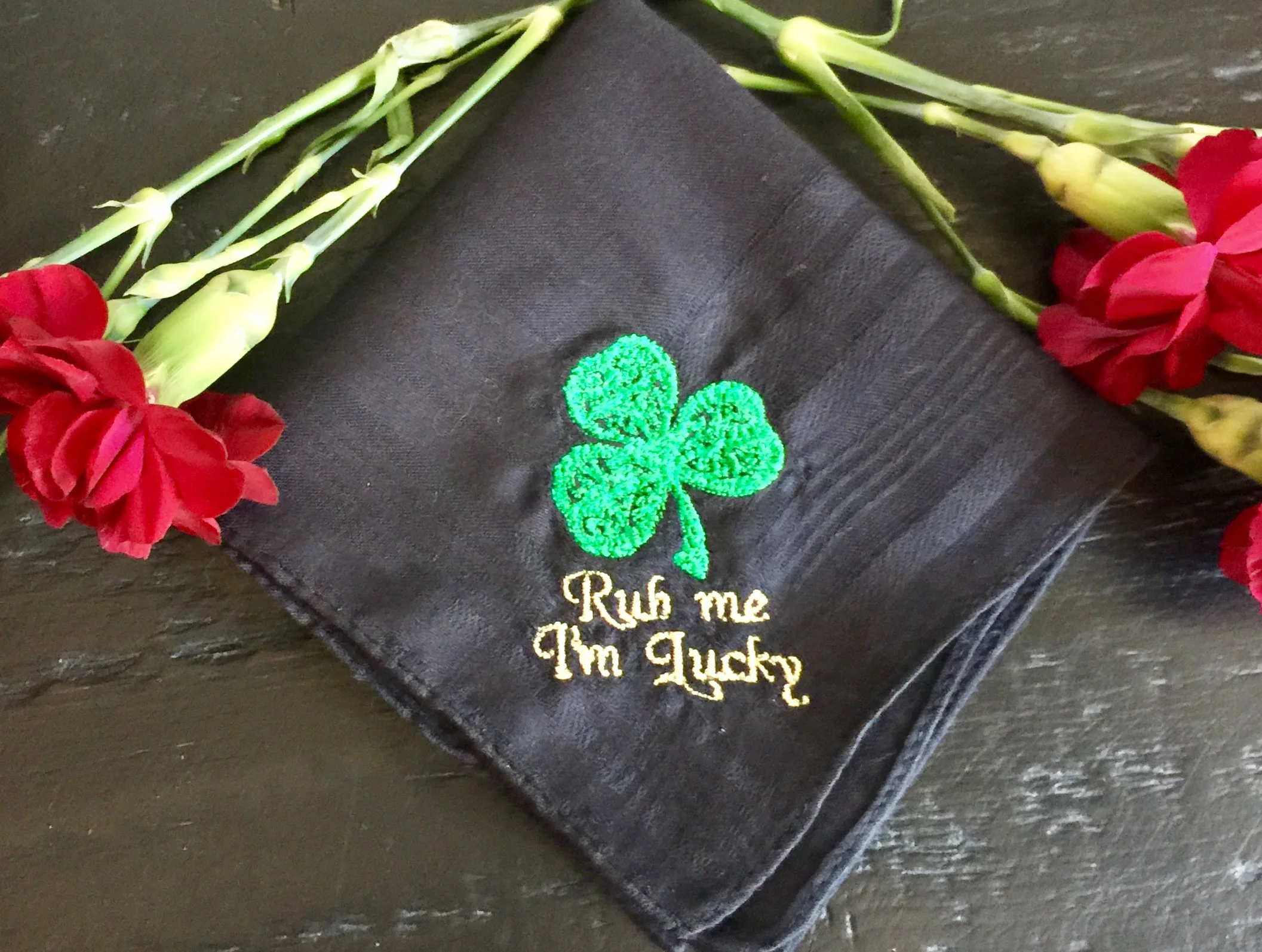 Rub me I'm lucky Irish embroidered black handkerchief 2 color.jpg