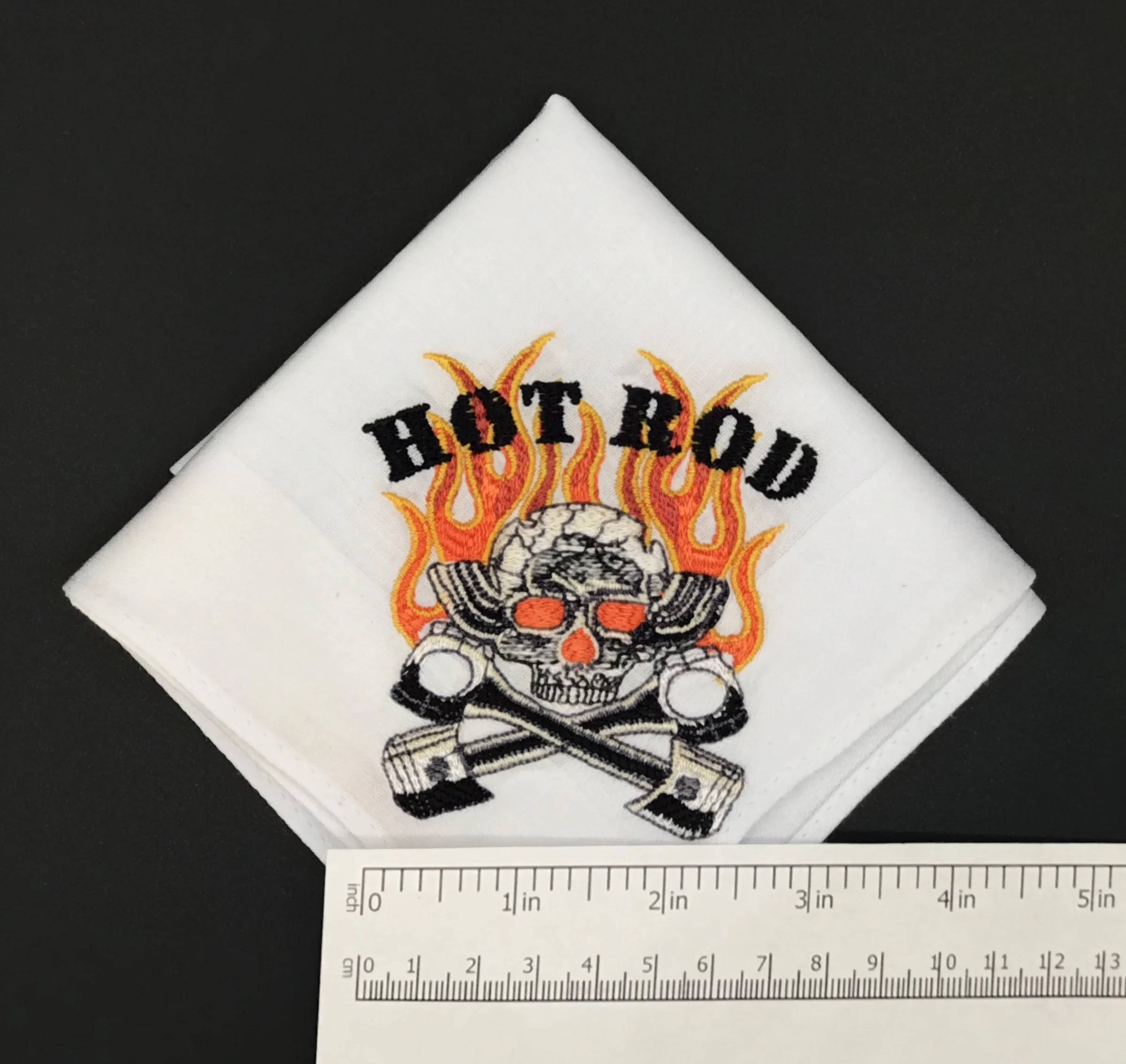 Hot Rod Skull Pistons Flames Tailpipes mens white handkerchief quarter. with ruler.jpg