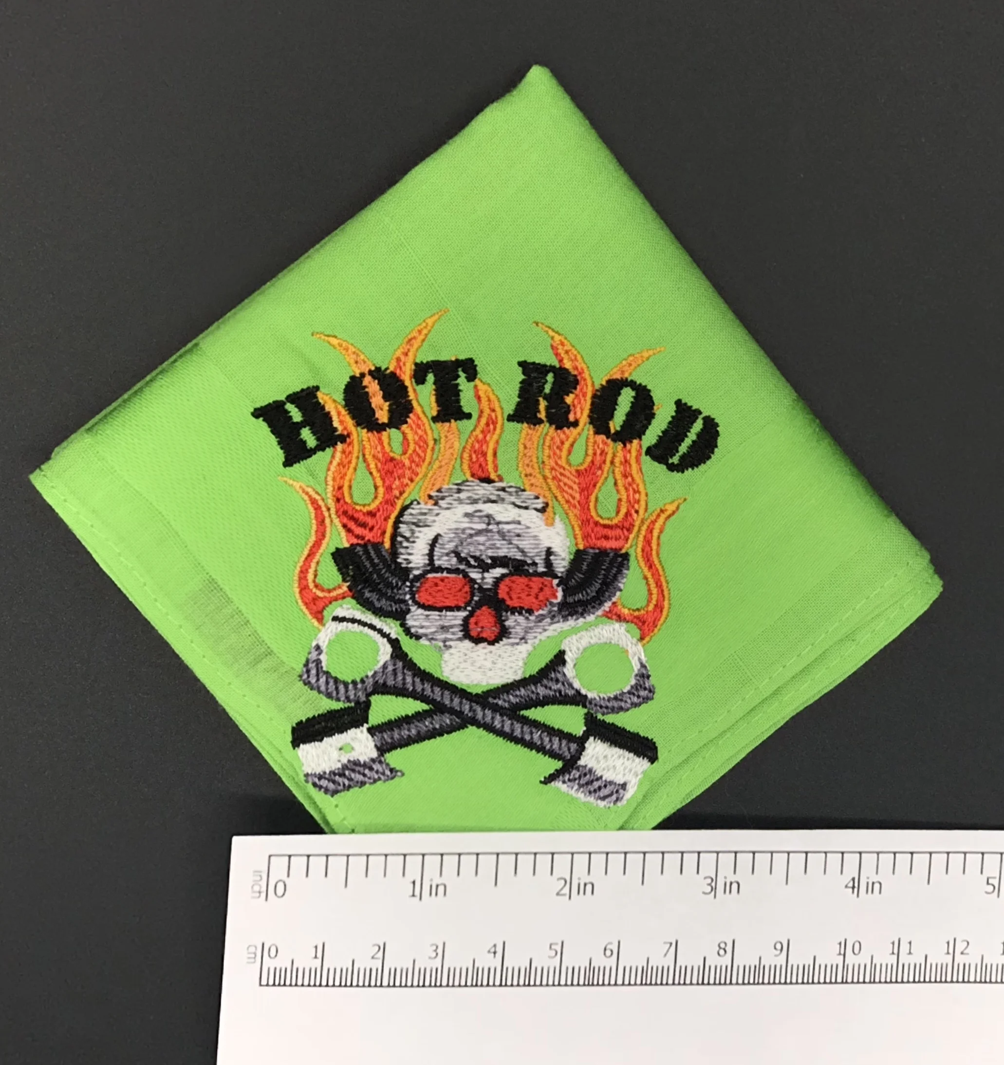 Hot Rod Skull Pistons Flames Tailpipes mens green handkerchief quarter with ruler.jpg