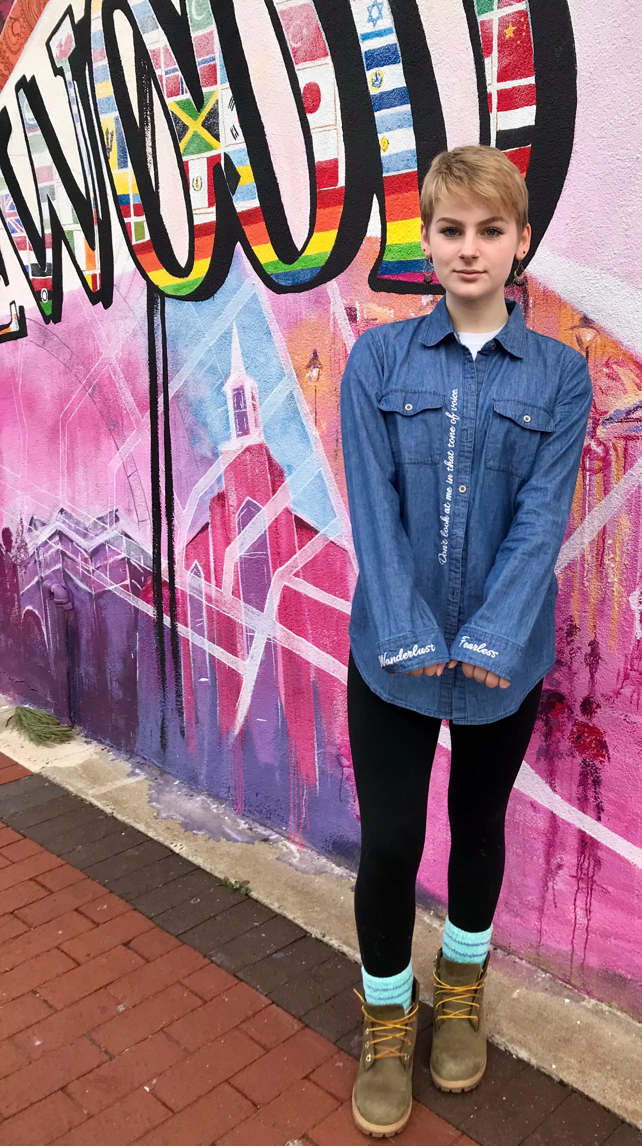Poetry Inspired Upcycled Denim Shirt Fearless.jpg