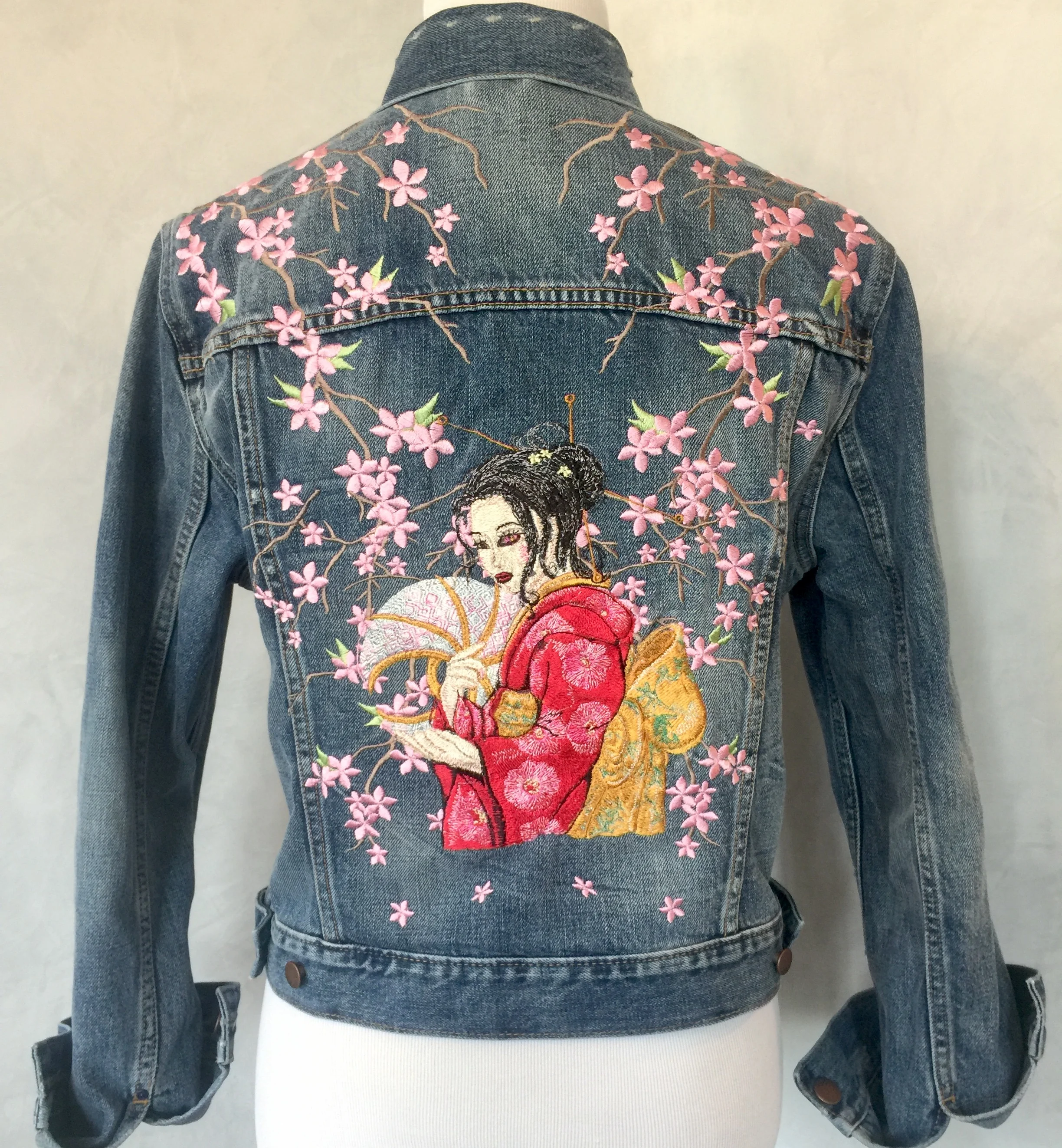 Cherry Blossoms and Geisha Embroidered Denim Jacket.jpg