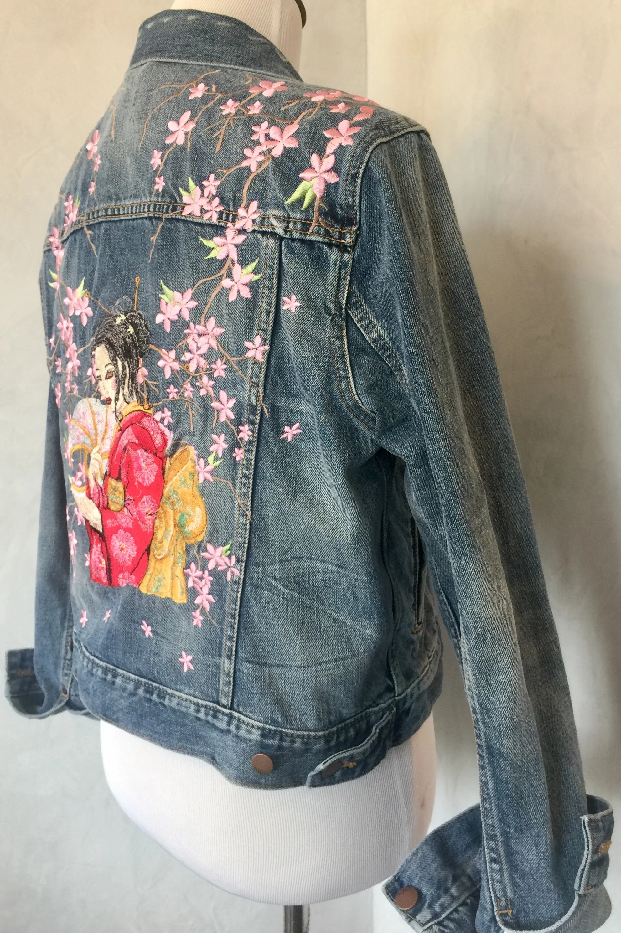 Cherry Blossoms and Geisha Embroidered Repurposed Denim Jacket.jpg