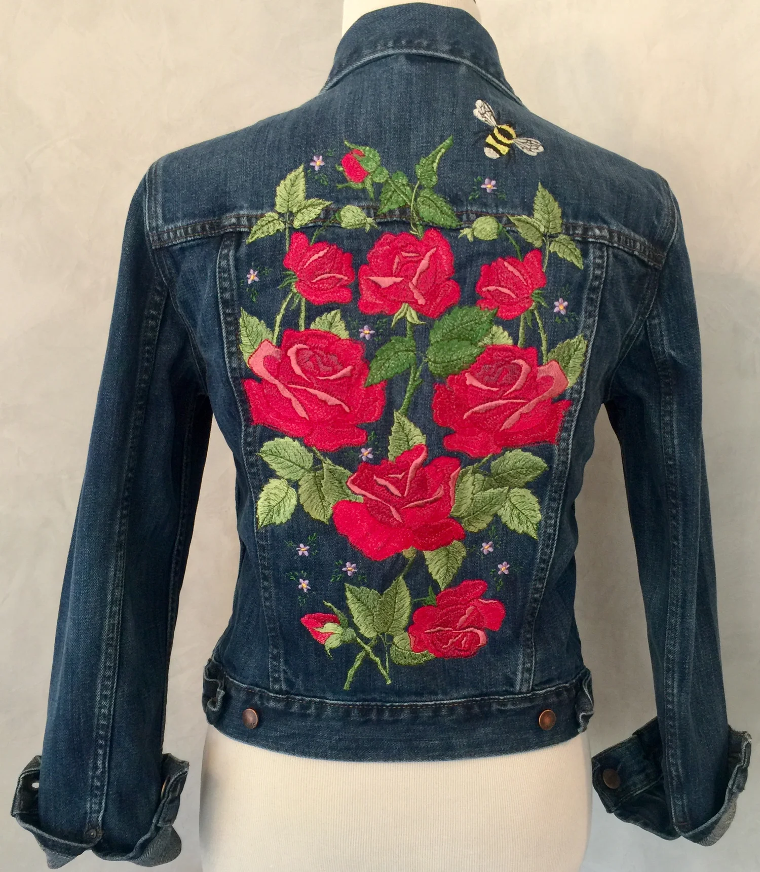 Rose Embroidered Vintage Upcycled Denim Jacket — Sew Cheeky & The 