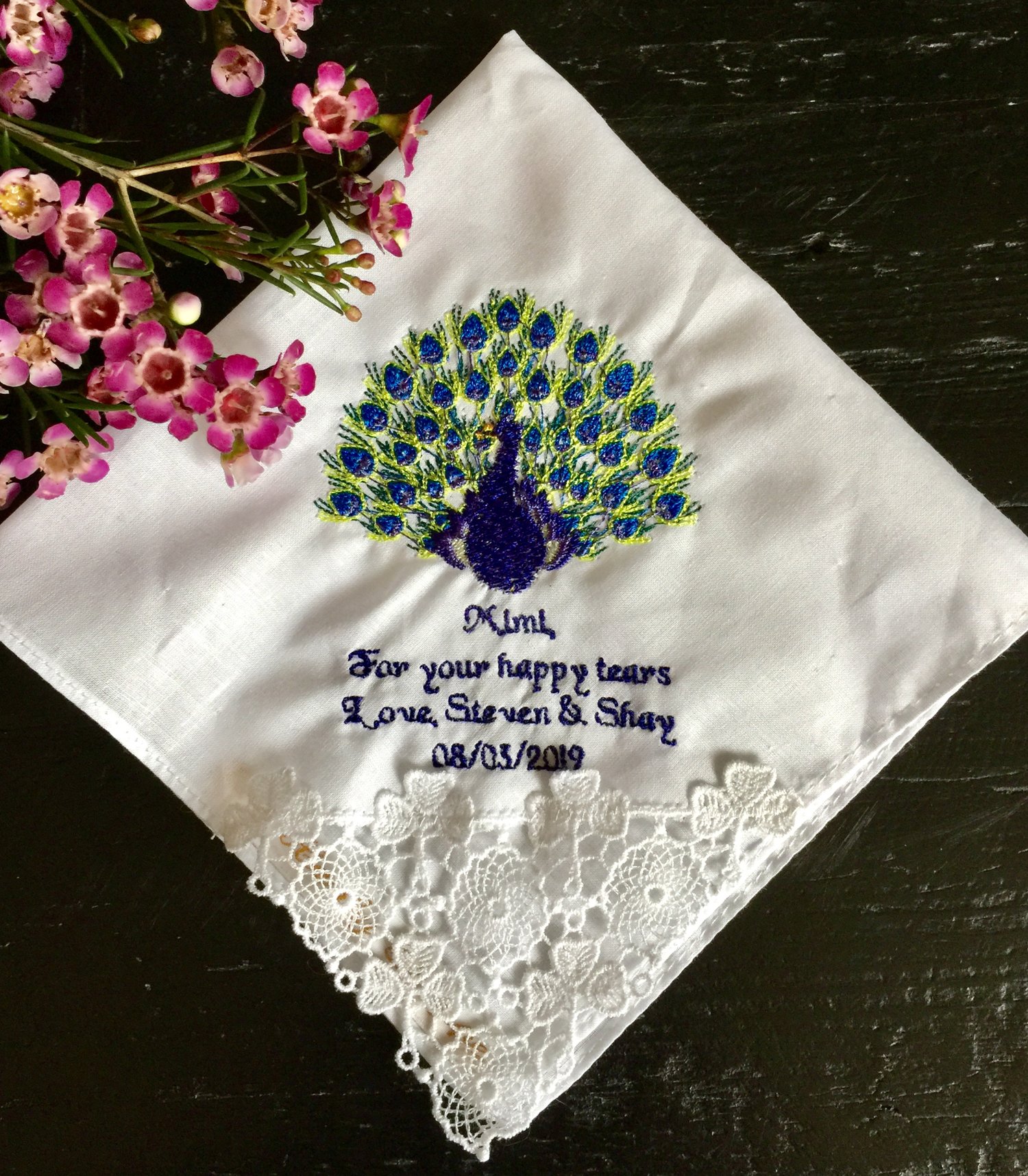 Peacock Custom Embroidered Lace Handkerchief — Sew Cheeky & The Hanky Shoppe