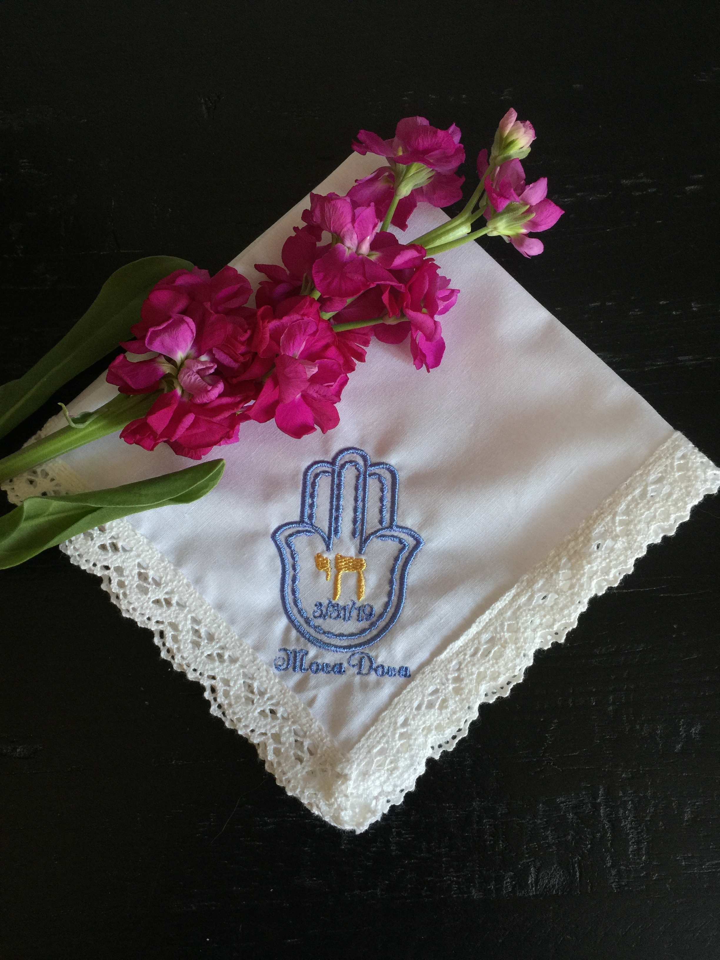 Hamsa and Hebrew Chai Embroidered Handkerchief.JPG