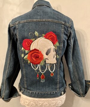 Gothic Glam Skull and Rose Embroidered Denim Jacket — Sew Cheeky