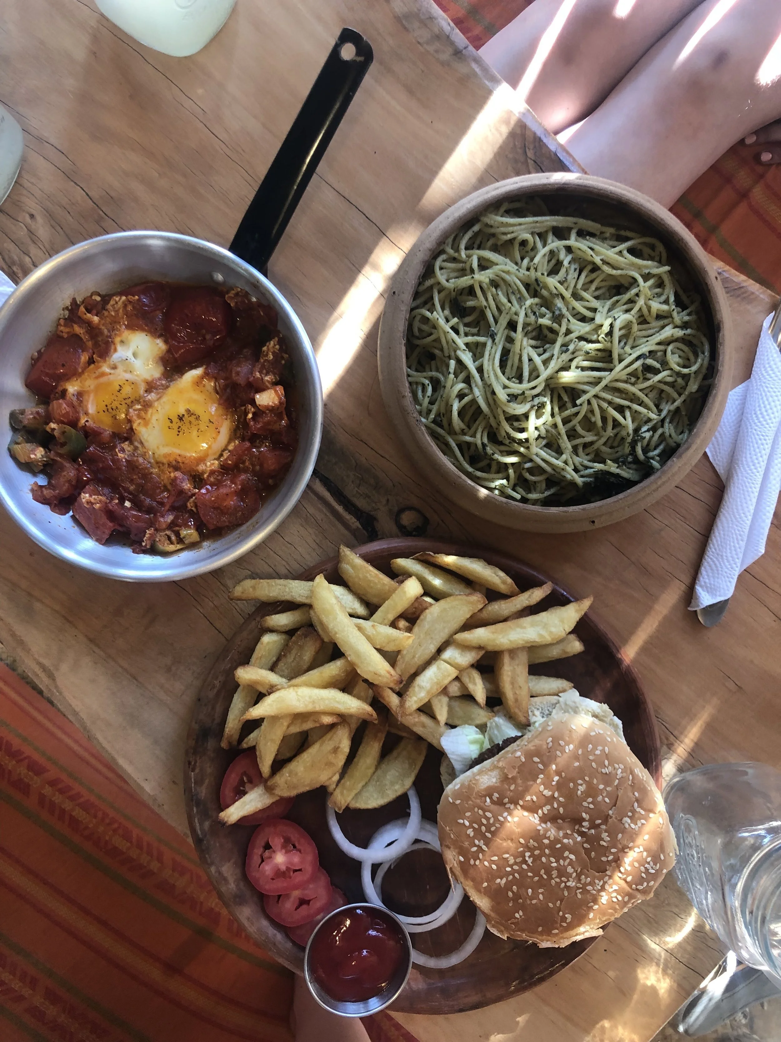 Shakshuka, pesto pasta and a veggie burger at Maloca