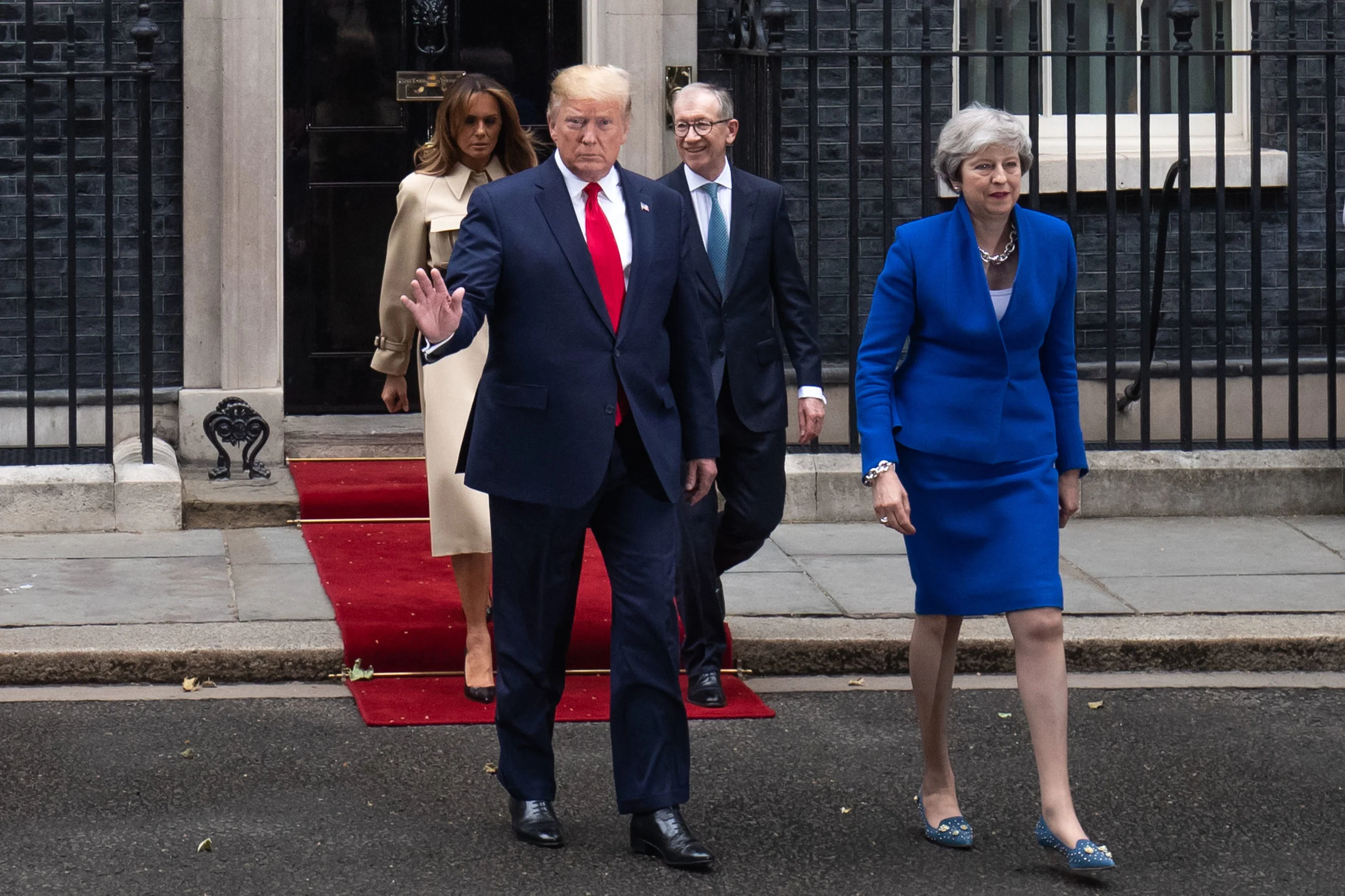 British Prime Minister Theresa May and US President Donald Trump accompanied by US First Lady Melania Trump and Philip May, visit Number 10 Downing Street during the second day of his state visit on June 04, 2019 in London, England