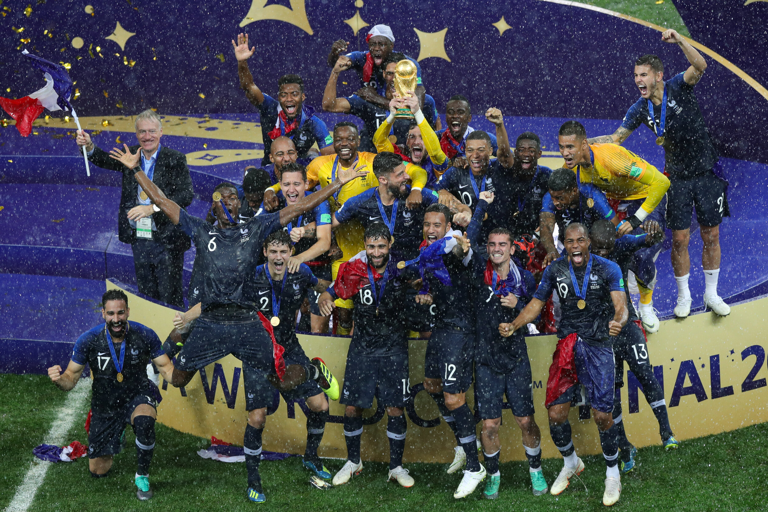  The France national team during the trophy lift as they celebrate winning the World Cup Final against Croatia at the Luzhniki Stadium, Moscow, Russia in 2018. 