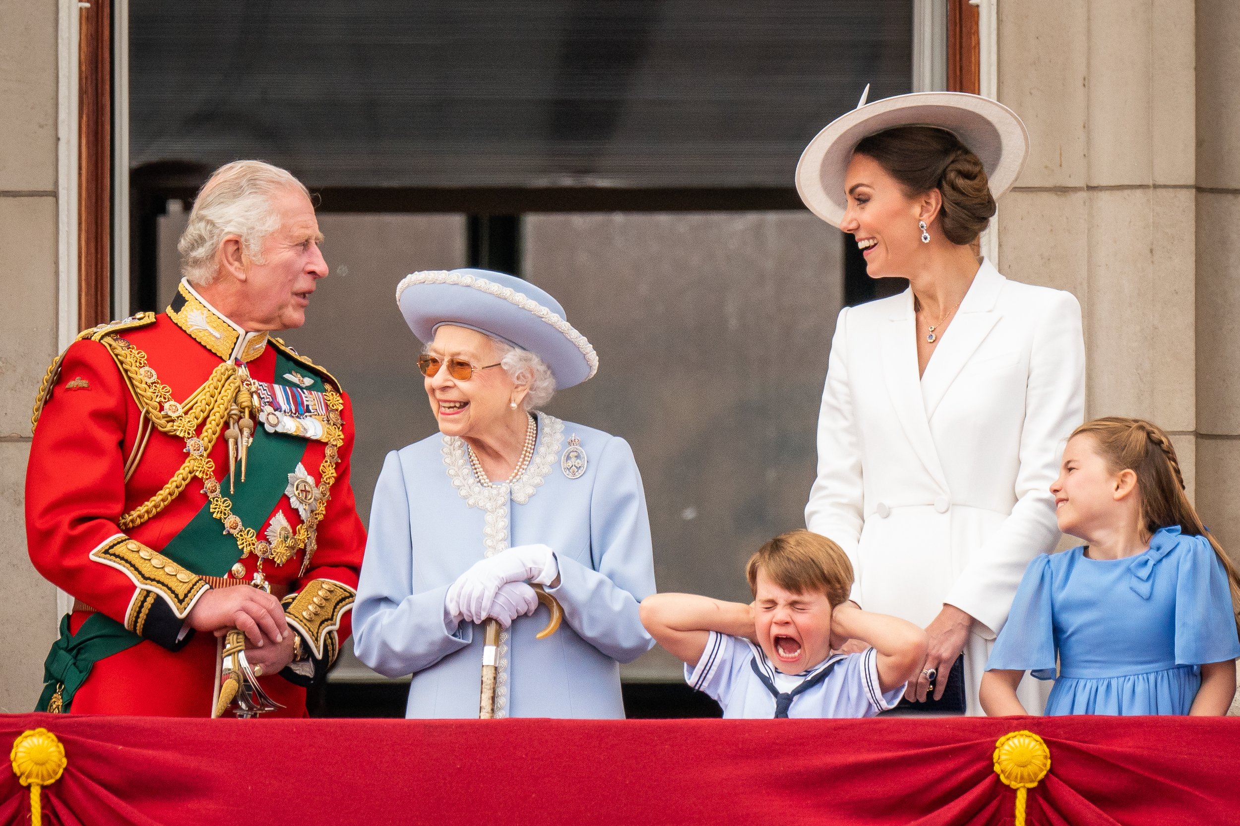  The Prince of Wales, Queen Elizabeth II, Prince Louis, the Duchess of Cambridge and Princess Charlotte on the balcony of Buckingham Palace after the Trooping the Colour ceremony at Horse Guards Parade, central London, as the Queen celebrates her off
