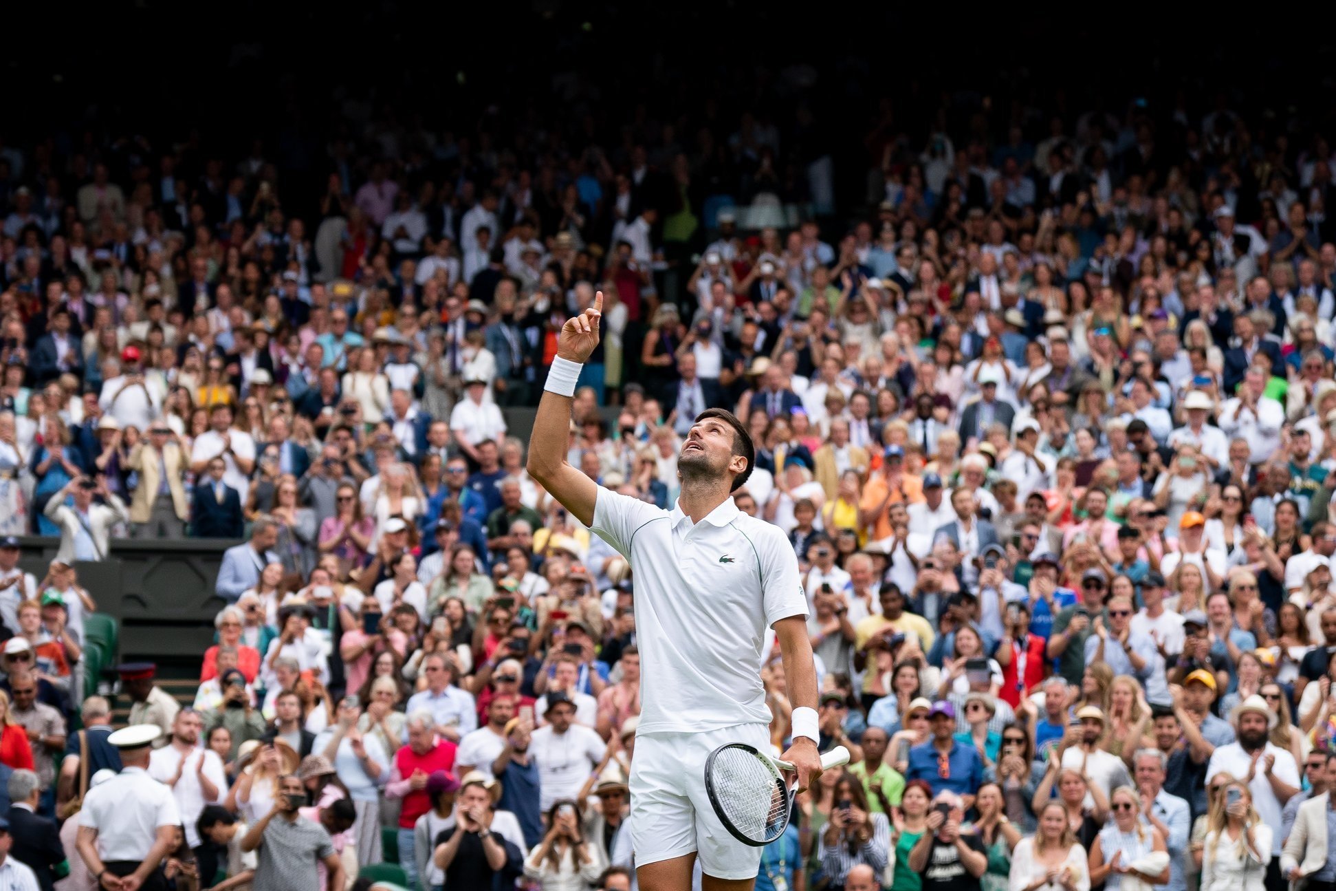  Serbia's Novak Djokovic celebrates victory against Italy's Jannik Sinner in the quarter finals match on day nine of the 2022 Wimbledon Championships at the All England Lawn Tennis and Croquet Club, Wimbledon. Picture date: Tuesday July 5, 2022. Pict