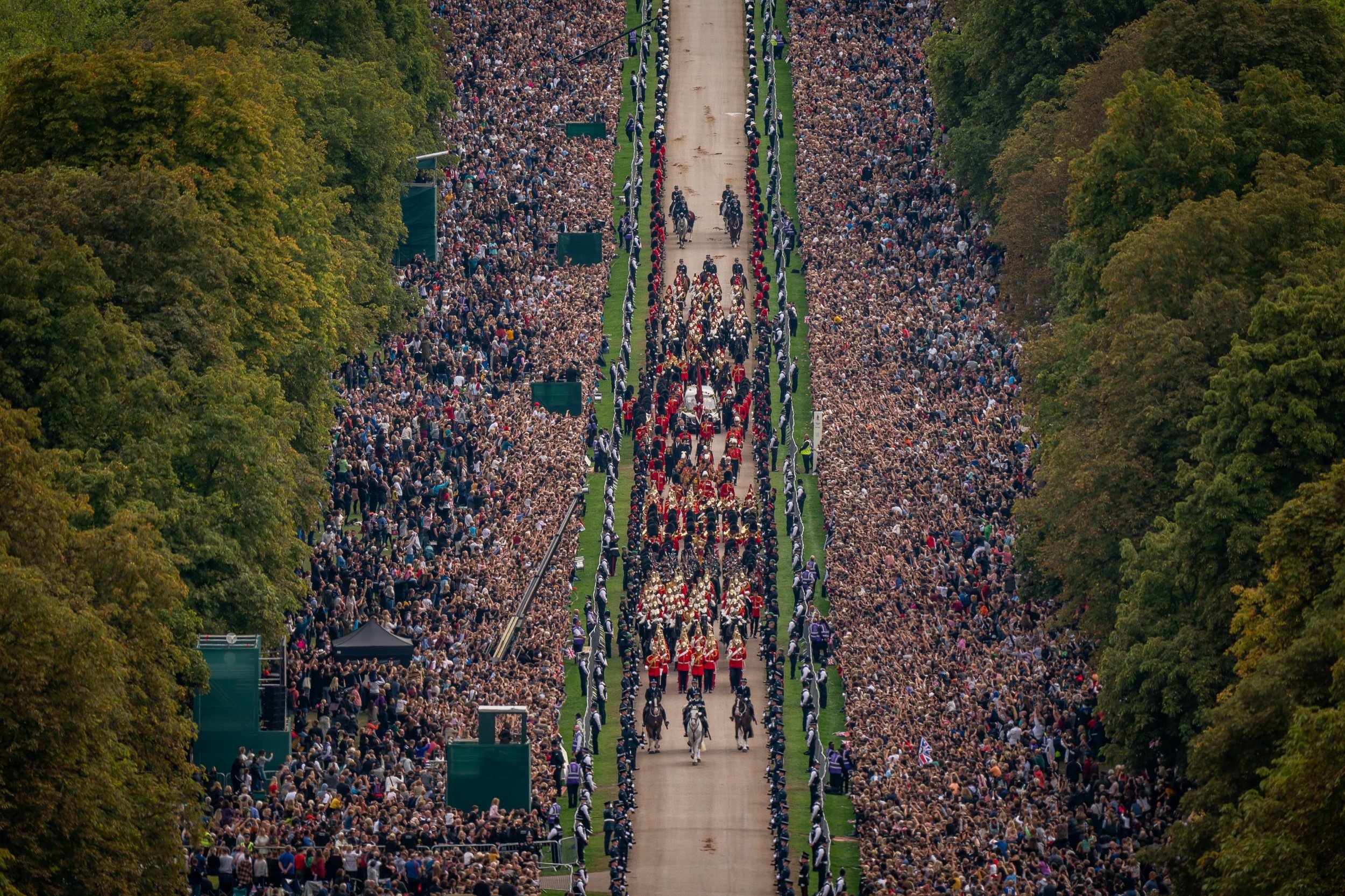  The Ceremonial Procession of the coffin of Queen Elizabeth II travels down the Long Walk and into the grounds of Windsor past Emma, the monarch's fell pony, before arriving at Windsor Castle for the Committal Service at St George's Chapel. 
