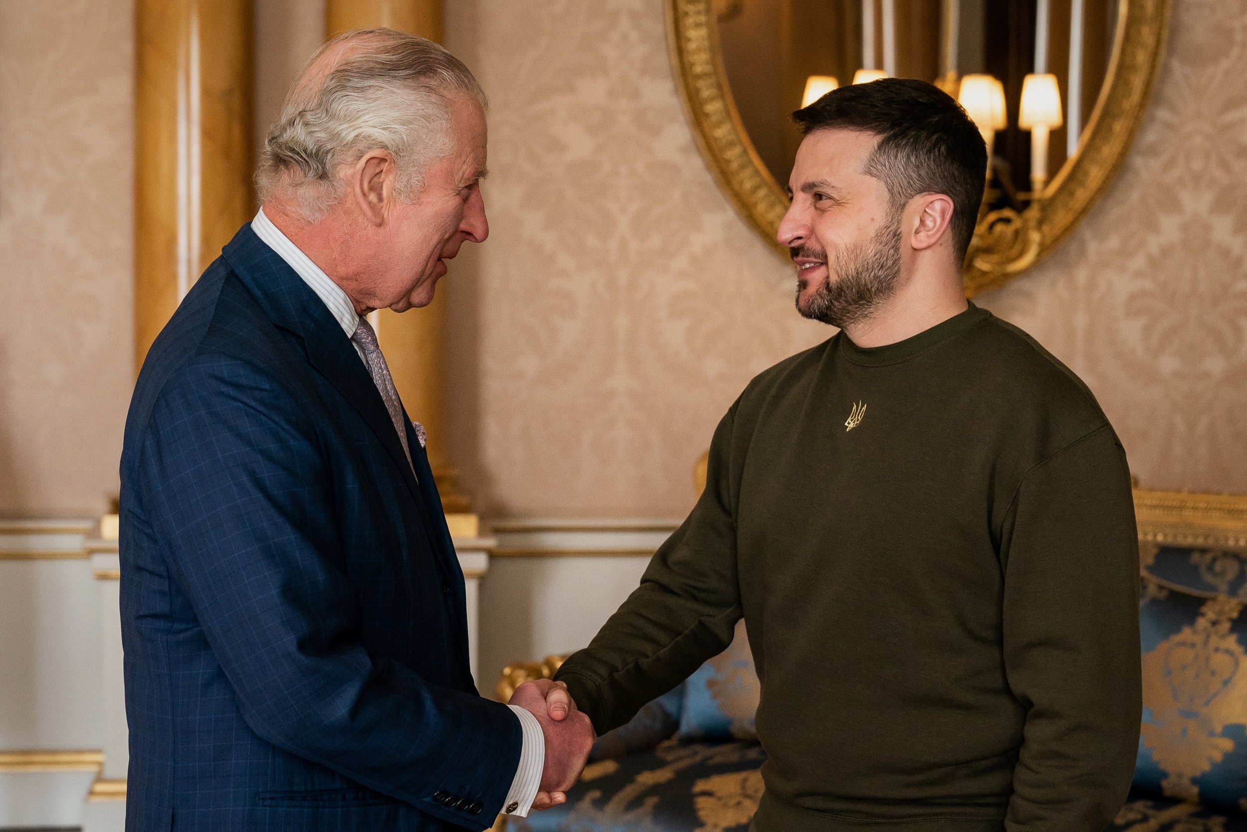  King Charles III holds an audience with Ukrainian President Volodymyr Zelensky at Buckingham Palace, London, during his first visit to the UK since the Russian invasion of Ukraine. Picture date: Wednesday February 8, 2023. Picture by: Aaron Chown/PA