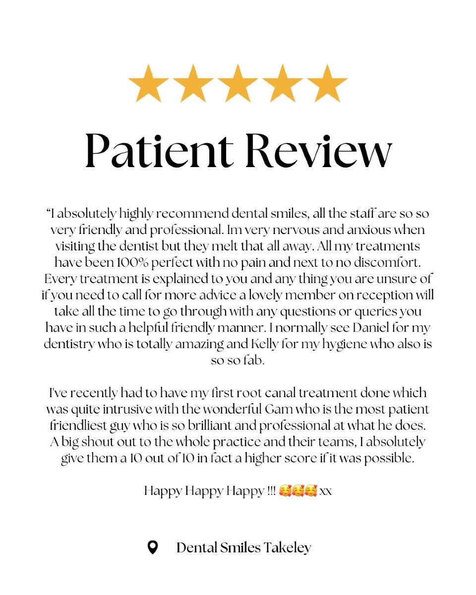 ⭐️ Review Time ⭐️

#dentist #dentistry #dentalsmiles #dentalsmilesessex #dentalsmilestakeley #review #googlereview #5starreview #anxiouspatients #nervouspatients #drdangolebiowski #takeleyteam #takeley #takeleydentist