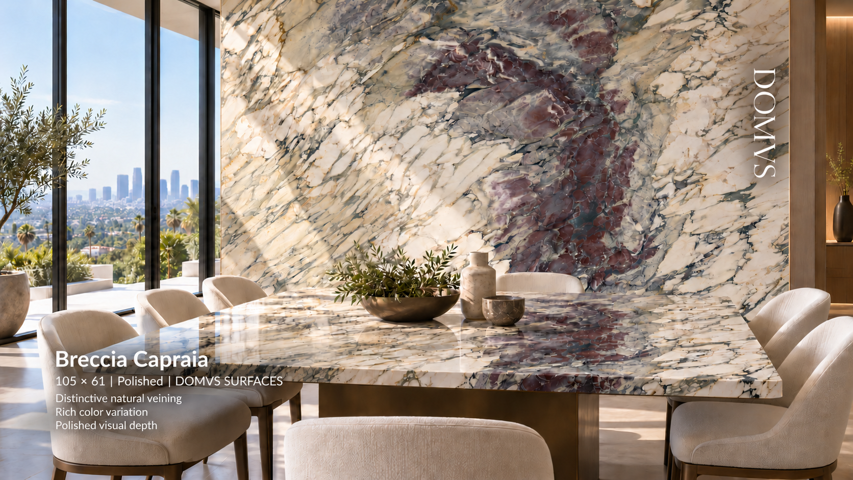 Breccia Capraia polished marble used for a contemporary dining table and feature wall, DOMVS SURFACES.