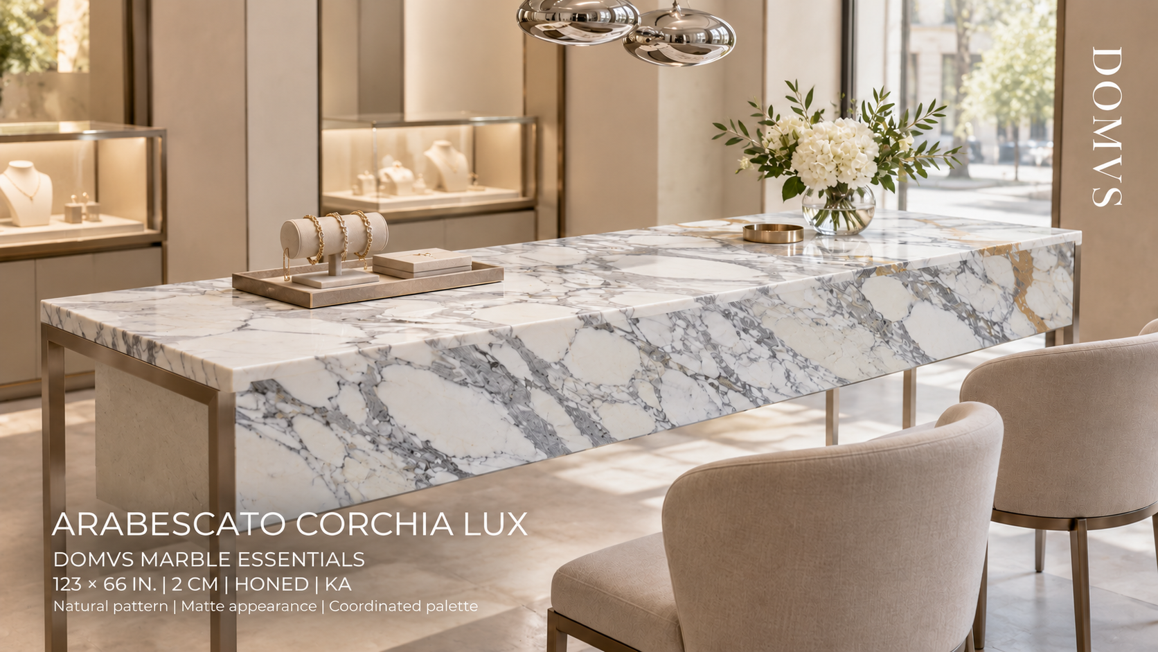 Arabescato Corchia Lux honed marble, 123 by 66 inches, 2 CM KA, as a contemporary retail jewelry consultation counter, DOMVS SURFACES.