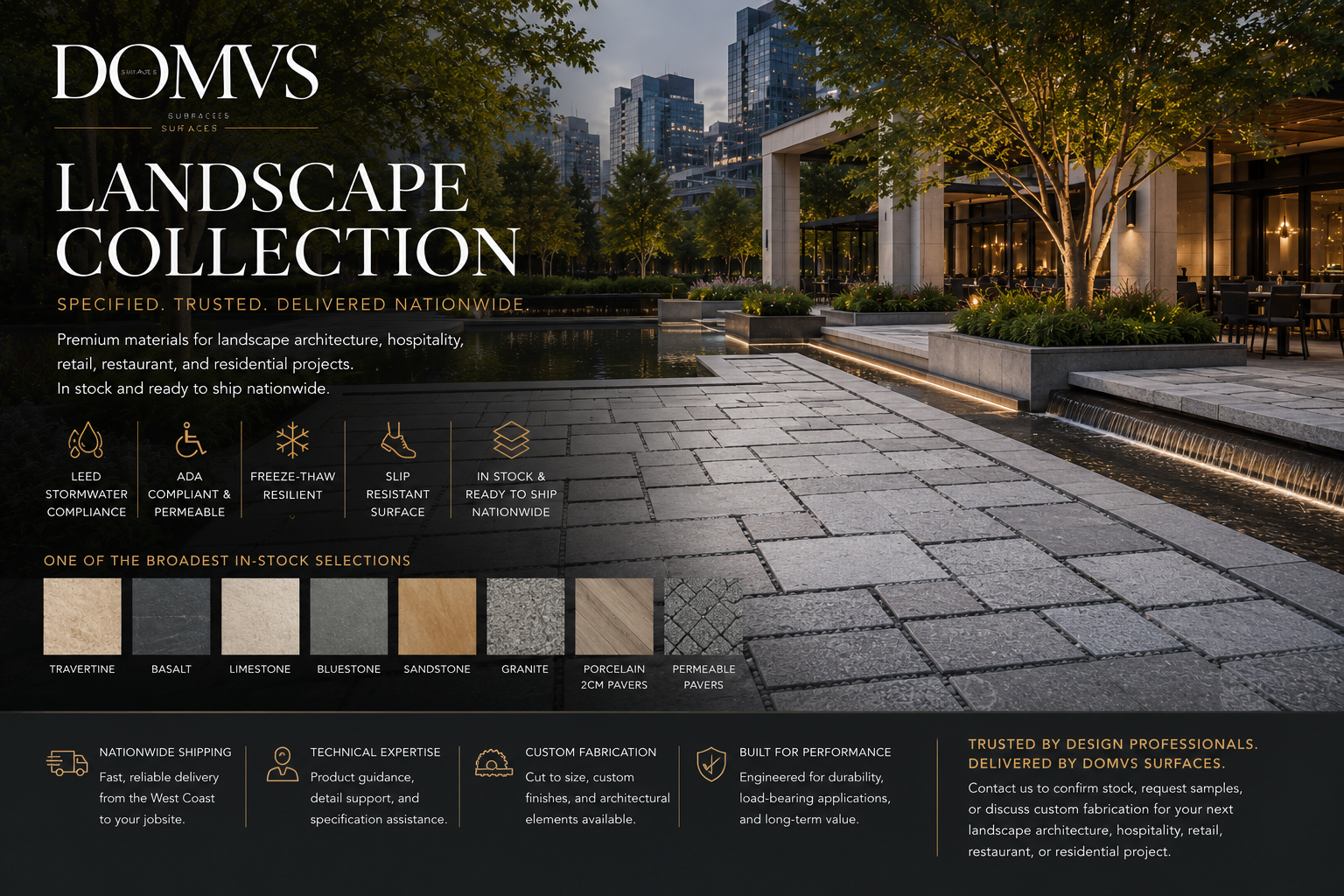 Landscape Materials for Hospitality, Retail and High-End Residential Projects. In Stock Now.