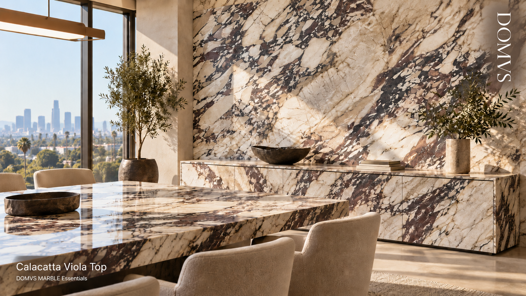 Calacatta Viola Top marble dining table and coordinated feature wall with cream fragments and dark burgundy veining, DOMVS SURFACES.