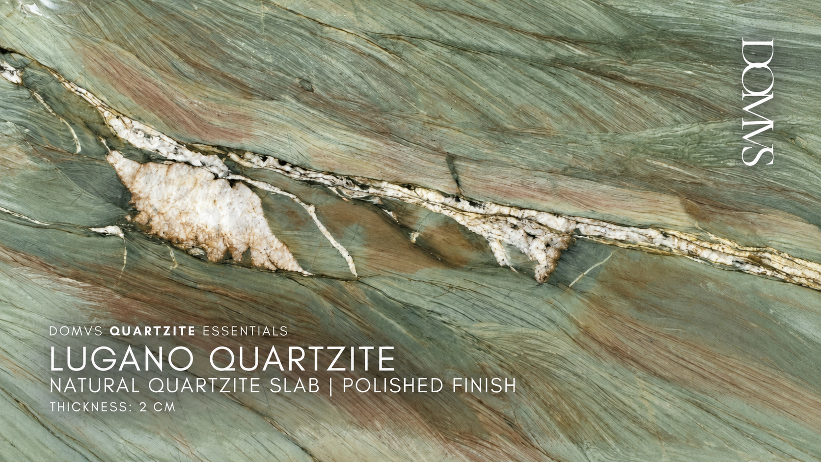 Lugano Quartzite polished 2 CM RT slab, green and taupe with ivory veining, for counters, islands and walls, DOMVS SURFACES.