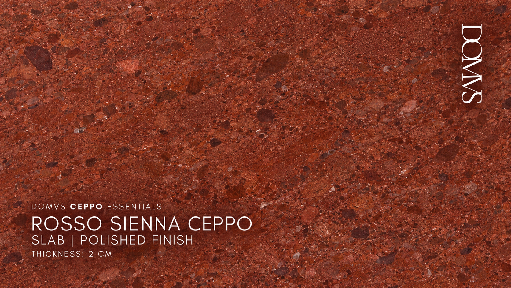 Rosso Sienna Ceppo slab, polished finish, 2 CM, BV, rust red and burgundy stone fragments, DOMVS SURFACES.