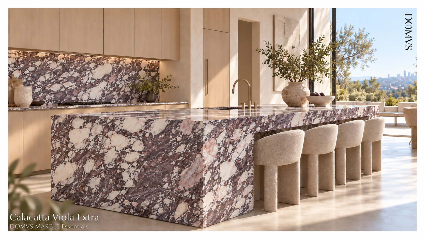 Calacatta Viola Extra marble waterfall kitchen island and backsplash with cream fragments and burgundy veining, DOMVS MARBLE Essentials by DOMVS SURFACES.