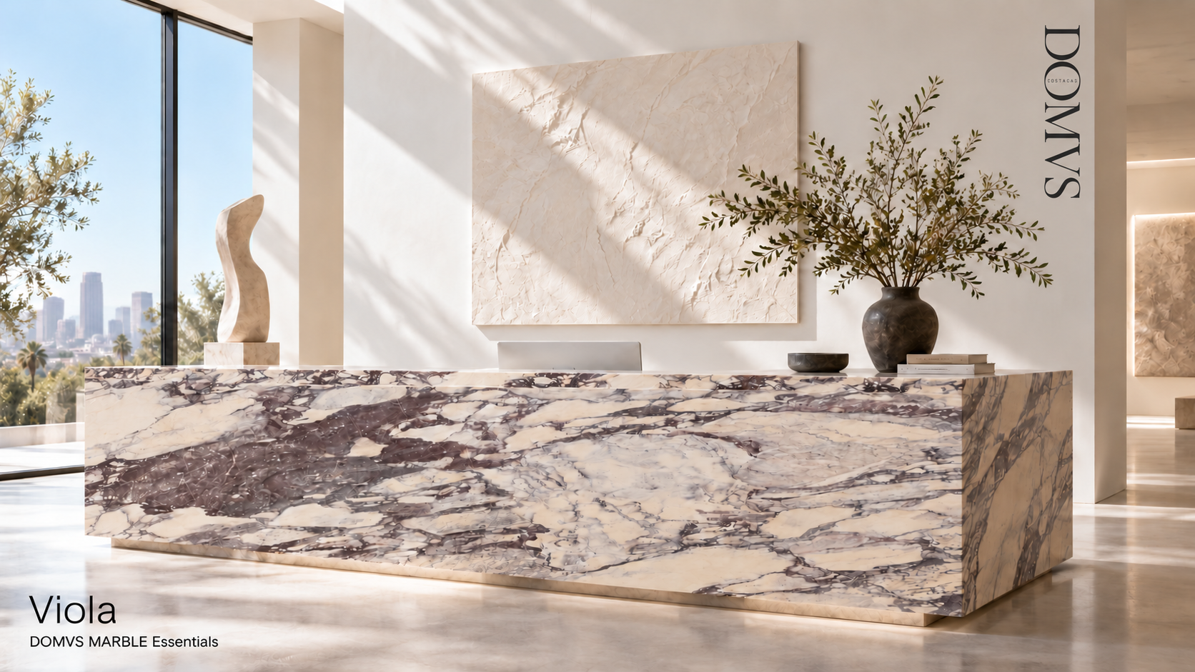 Viola marble reception desk with a cream background and burgundy veining in a bright lobby, DOMVS MARBLE Essentials by DOMVS SURFACES.