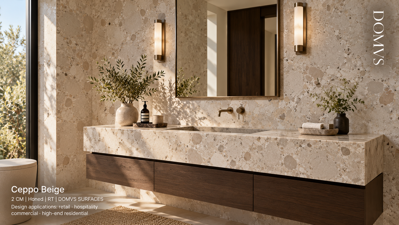 Ceppo Beige honed 2 CM slab, RT, shown in a contemporary residential powder room vanity and wall, DOMVS SURFACES.