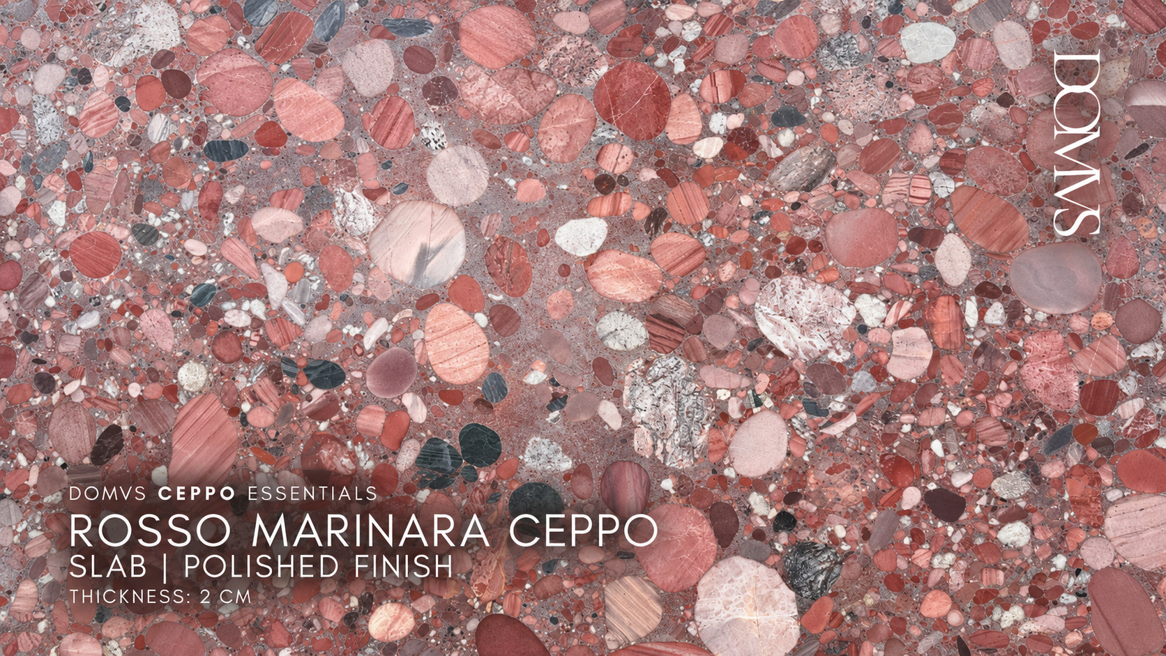 Rosso Marinara Ceppo slab, polished finish, 2 CM, BV, pink red grey and cream pebble pattern, DOMVS SURFACES.