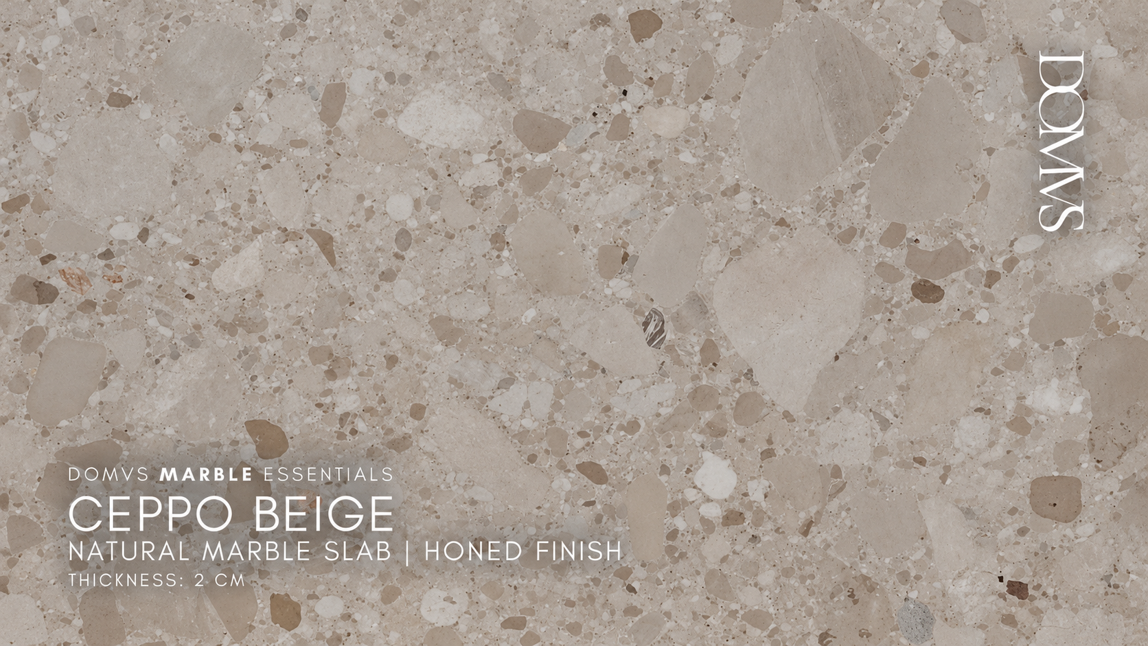 Ceppo Beige natural marble slab, 2 CM, honed finish, RT, cream and taupe fragments, DOMVS SURFACES.
