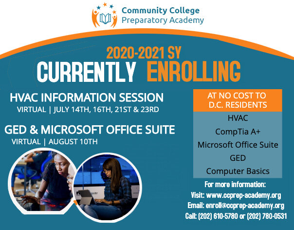 July 21 + 23 | CC Prep Online Info Sessions for free HVAC, GED and Microsoft  Office classes — ANACOSTIA BID