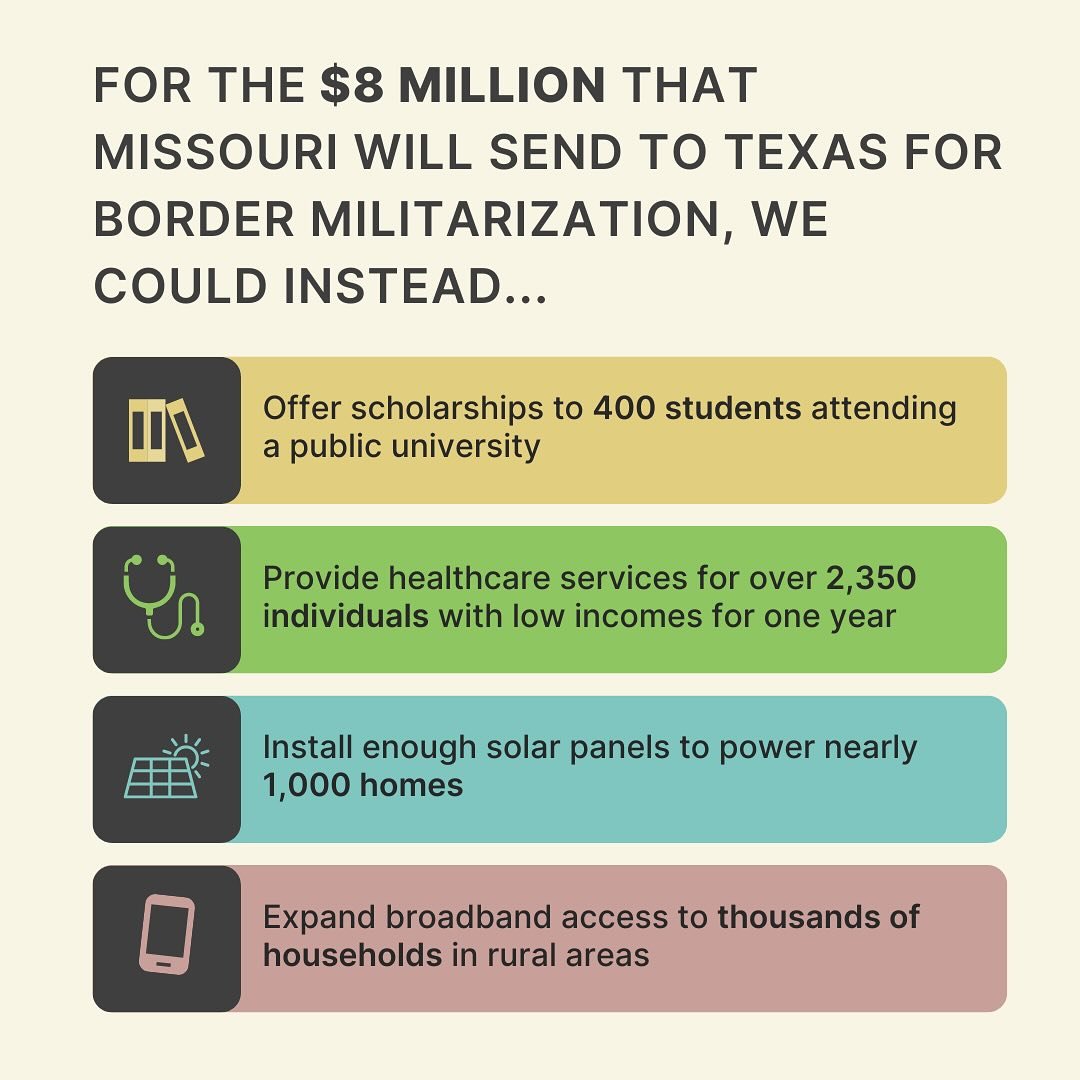 📢Take action today! The Missouri budget bill includes $8 million for the National Guard to be deployed to the southern border. However, this allocation overlooks critical needs within our state and diverts resources from addressing pressing issues l