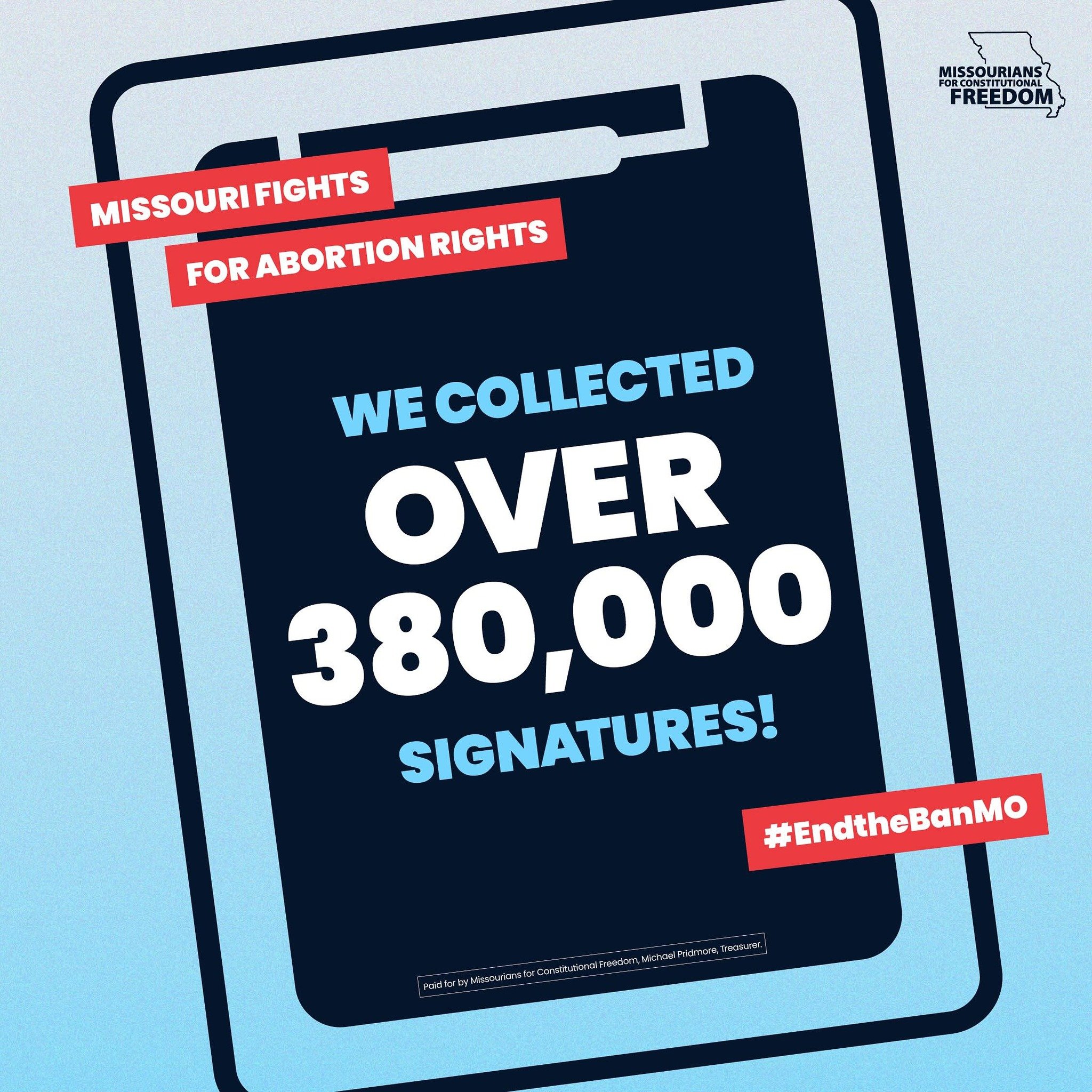 📢More than 380k Missourians, from EVERY corner of our state, signed the petition to put
abortion on the ballot and #EndTheBanMO! Follow @moconstitutionalfreedom and sign up at the link in
their bio to join this historic campaign. 📢

*****

📢M&aacu