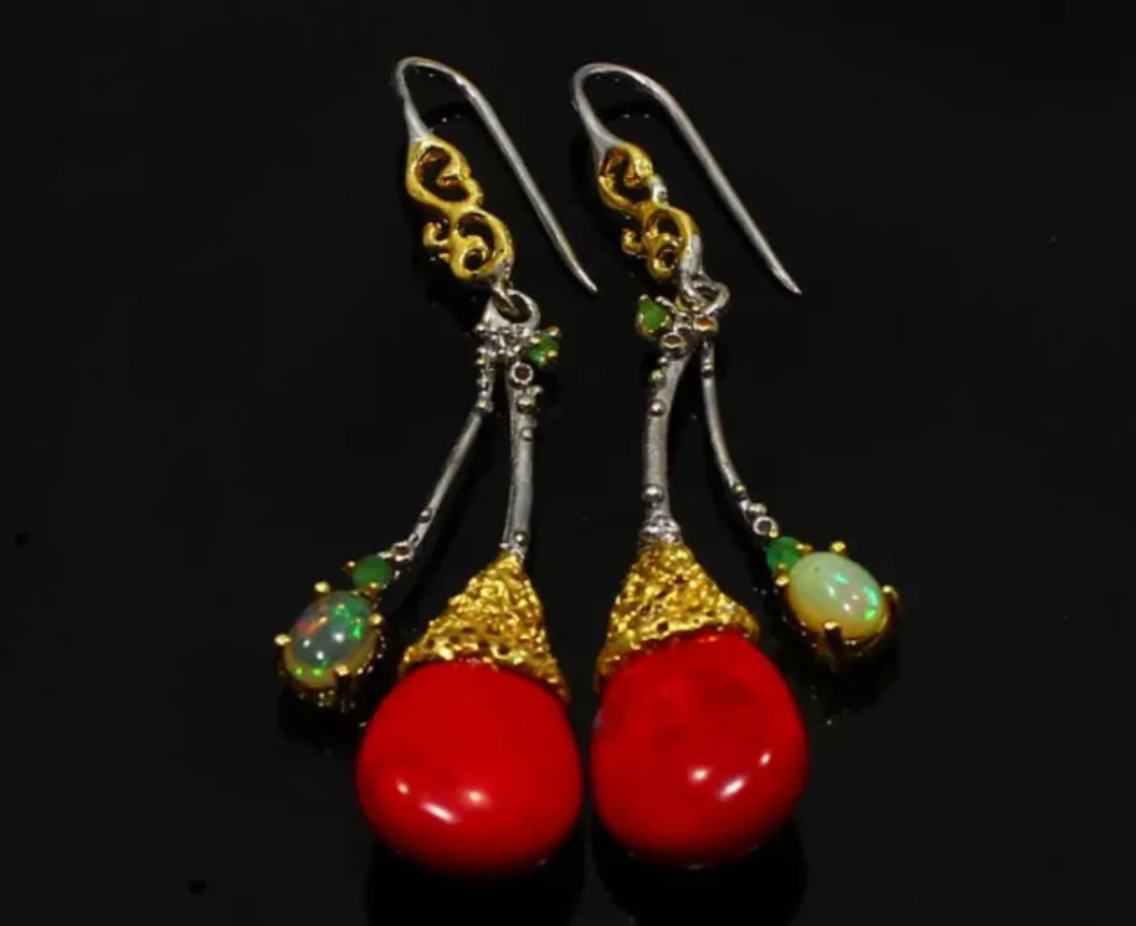 7676-E-GA-Natural Untreated Red Coral dangle Earrings
