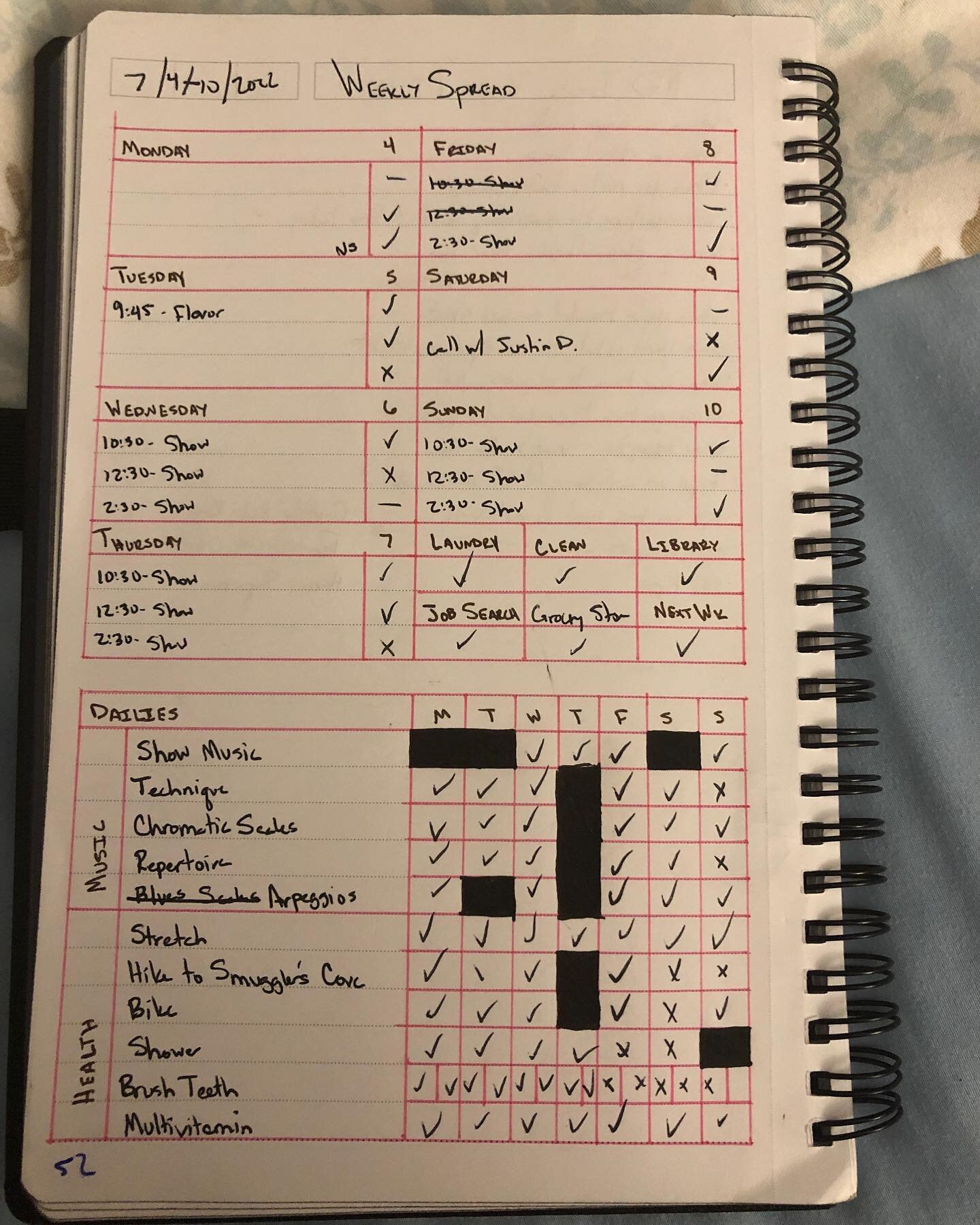 A week ago I posted this chart blank. Here it is completed!

Some explanations:
*the far-right box on each day at the top tracks my meals. A✔️ means I prepped and ate at home. An ❌means I ate out at a restaurant. A ➖indicates that I smiled that meal.