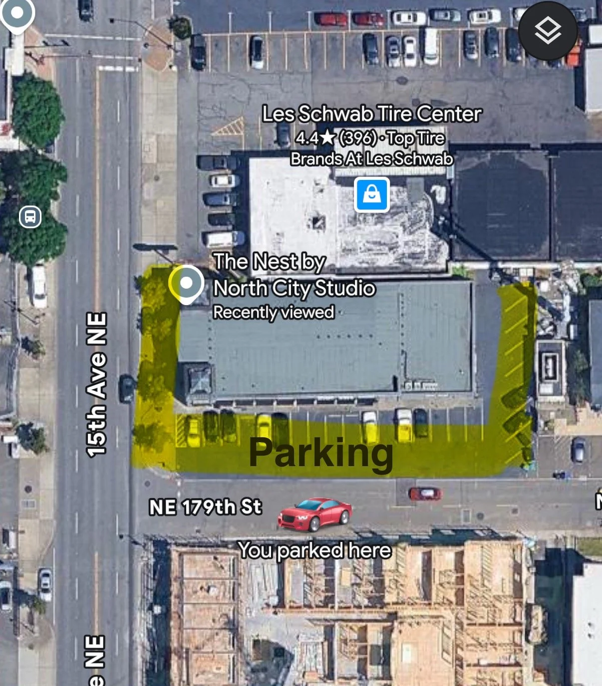 map image showing parking options around the studio