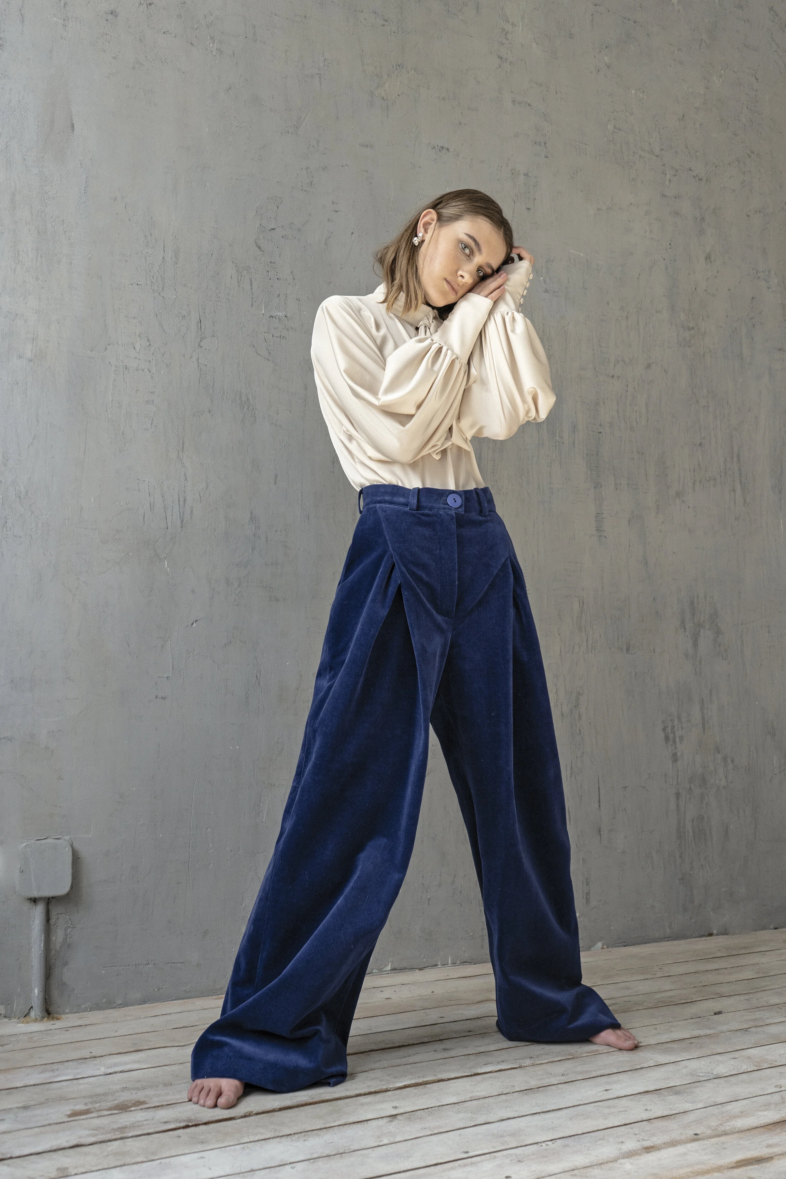 blue velvet wide leg trousers